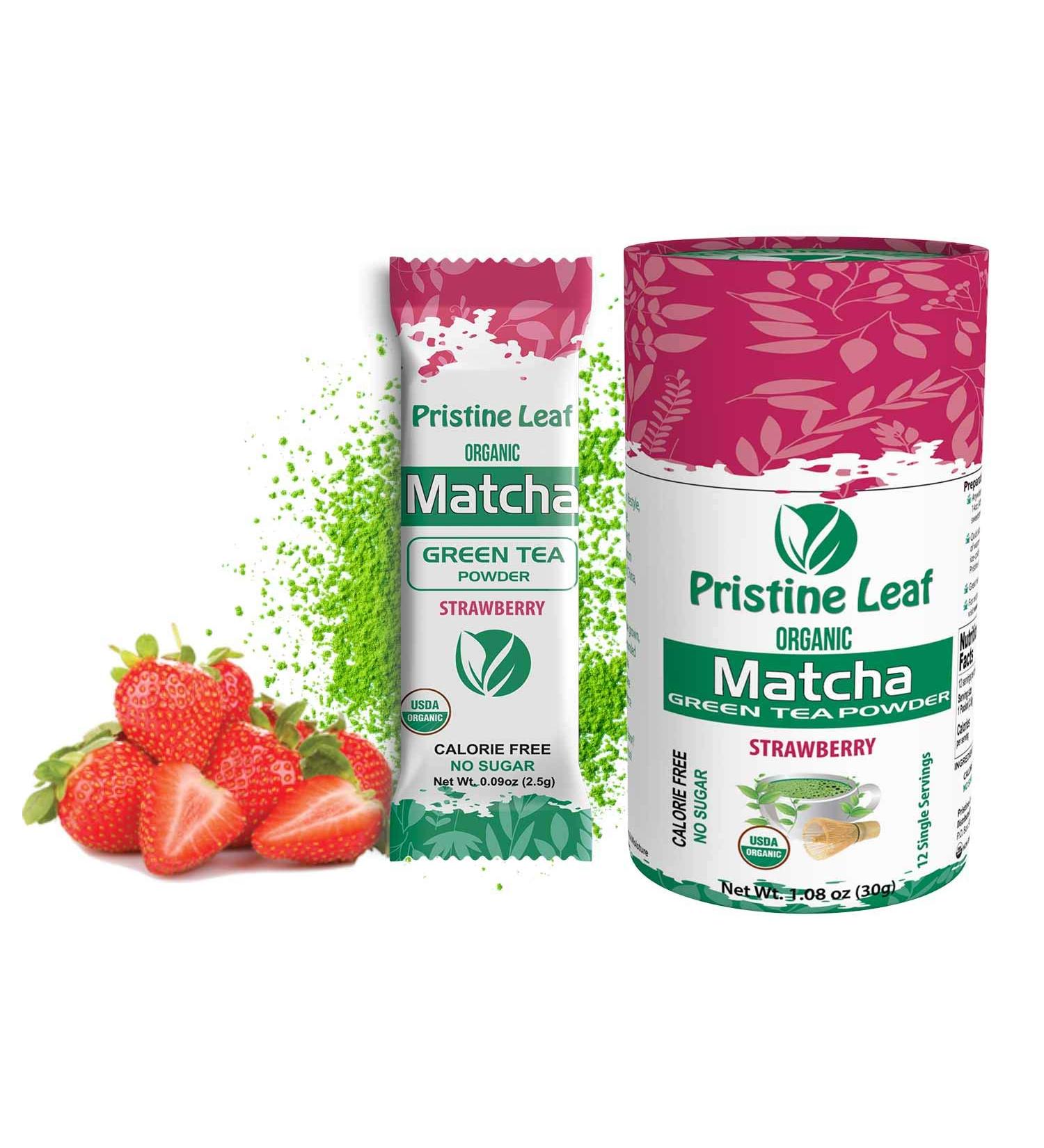 Pristine Leaf | Organic Matcha Green Tea Powder | Strawberry Flavored | 12 Single Serving Packs of 2.5g | Pure Natural | No Sugar | No Fillers | Calorie Free | Vegan | Gluten Free | USDA Organic - Buy Online on GoSupps.com