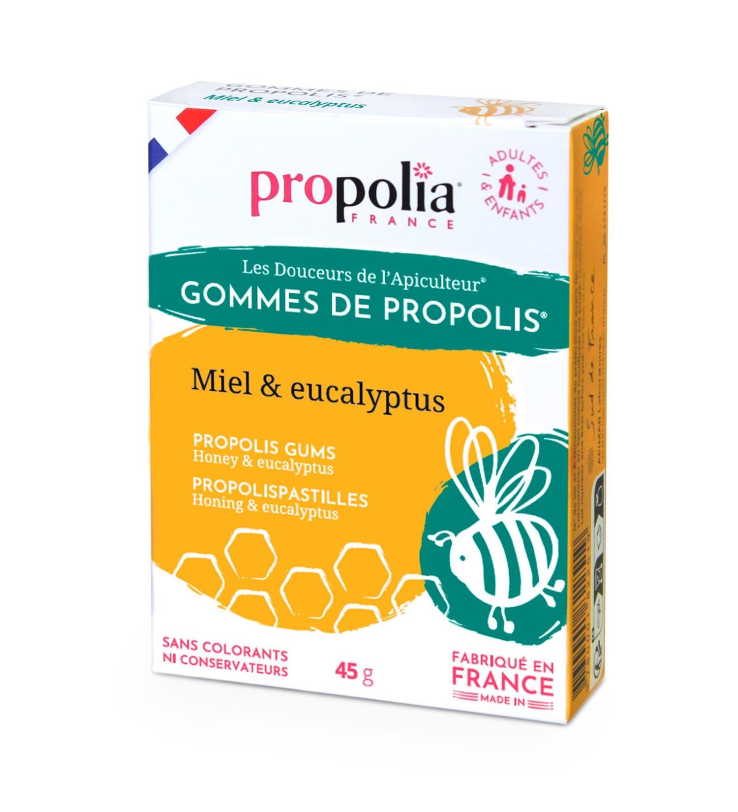 PROPOLIA - Propolis Honey & Eucalyptus gums - Soothes the throat clear the nose and freshens breath - Dietary supplement - 100% natural - Made in France - 45g - Buy Online on GoSupps.com