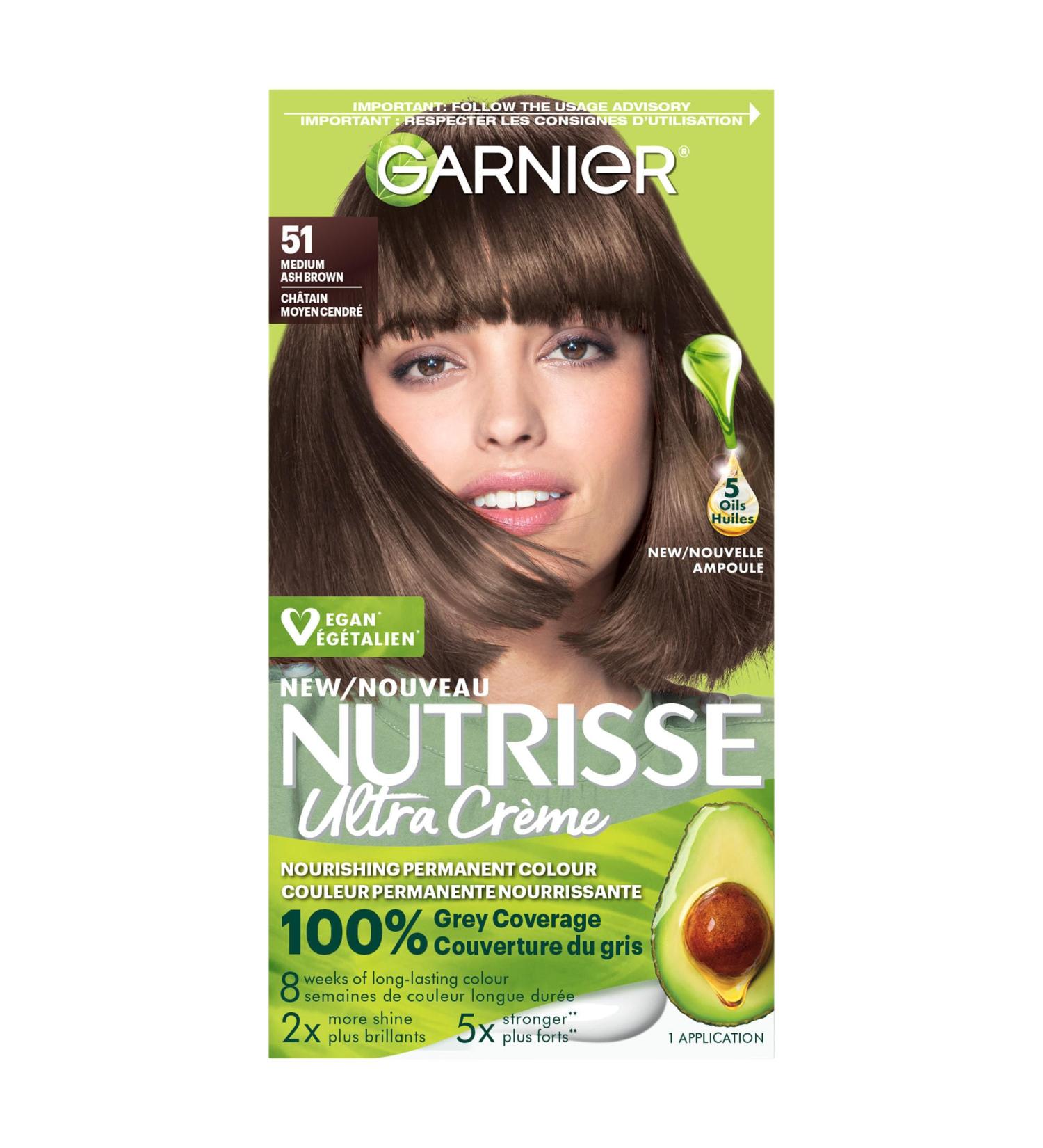 Garnier Nutrisse Ultra Cr me Permanent Hair Dye 100% Grey Coverage Vegan Formula Nourished Hair Long-Lasting Rich Colour 51 Medium Ash Brown 1 Application Packaging May Vary BROWN SHADES 51 Medium Ash Brown - Buy Online on GoSupps.com