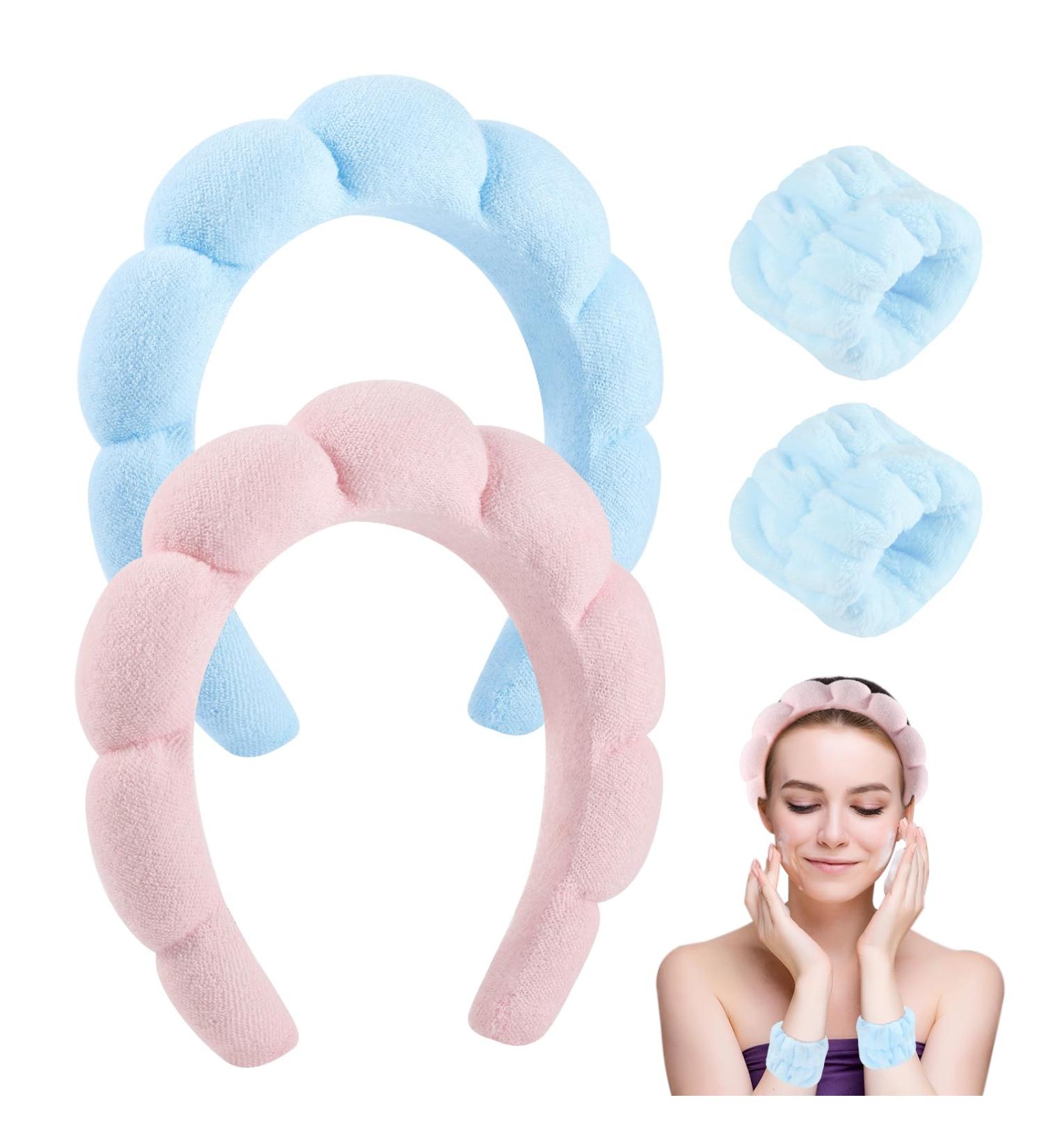 4 Pack Spa Headbands for Washing Face & Makeup Removal - Non-Slip Skincare Set with Headband & Wristband - Terry Cloth Puffy Headband in Pink & Blue - Buy Online on GoSupps.com