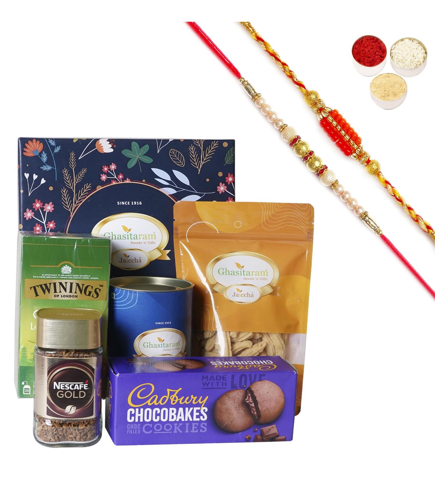 Ghasitaram Gifts Jaiccha Rakhi for Brother Ghasitaram Tea Coffee Hamper Box with 2 Rakhis - Buy Online on GoSupps.com