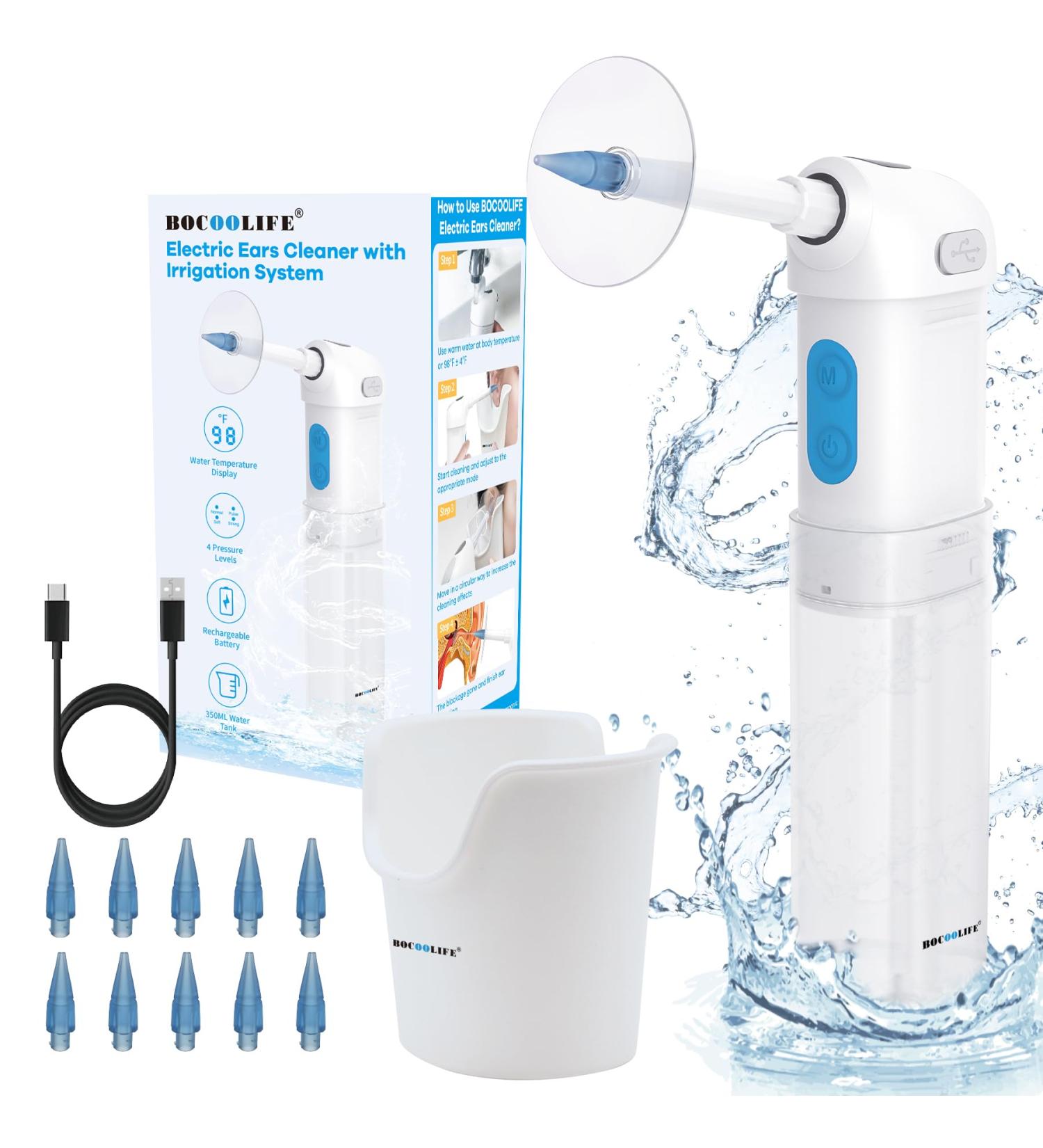 BOCOOLIFE Ear Wax Removal Electric Ear Cleaning Kit Waterproof Cleaner 4 Water Pressure Modes Temperature Display Ear Irrigation Flushing System Safe Effective Clean Wax Buildup 10 Tips Ear Basin Blue Cleaner - Buy Online on GoSupps.com