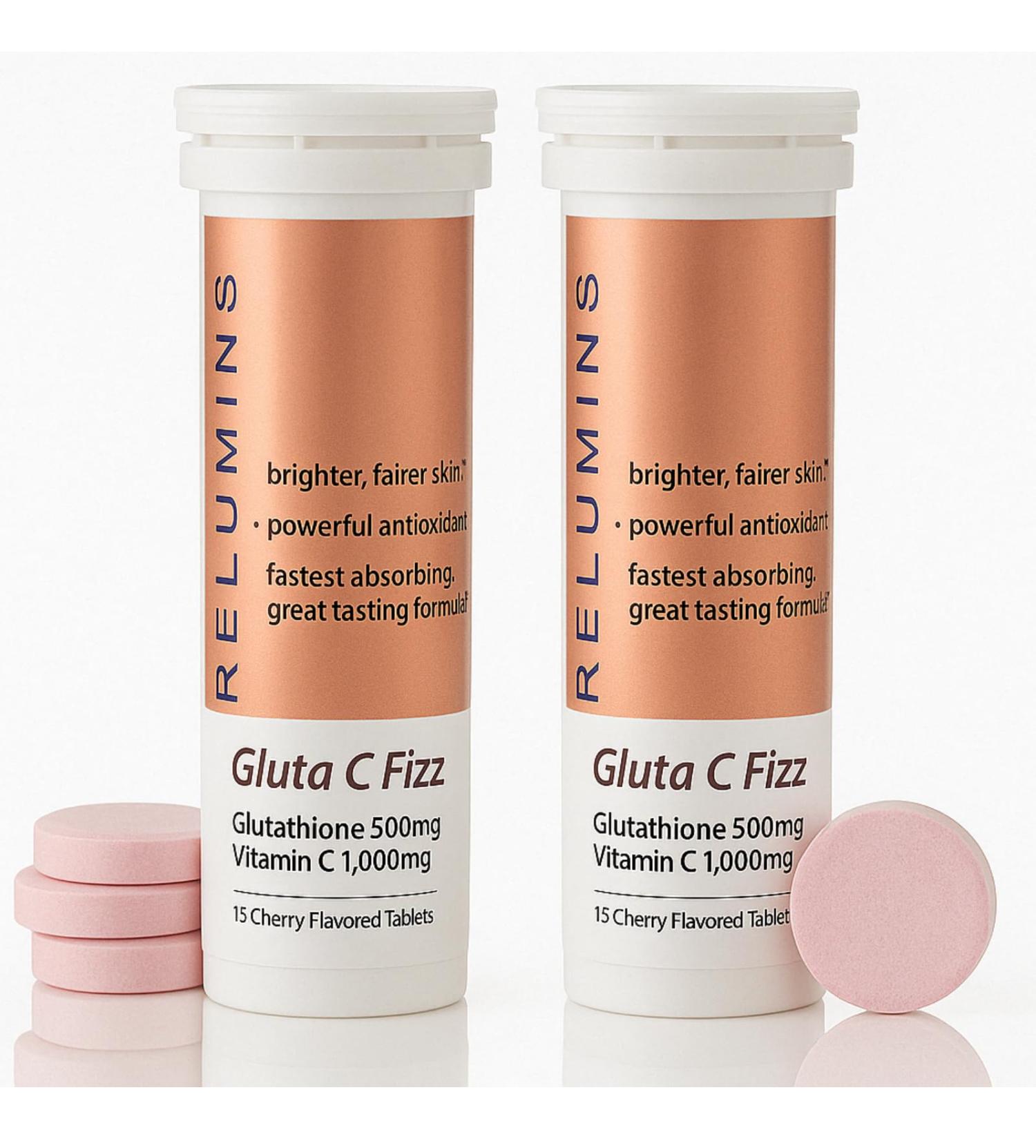 Relumins Gluta C Fizz - High Dose Fast Absorption 500mg Glutathione & 1000mg Vitamin C - Cherry Flavored Effervescent Tablets | Detox Collagen Boost | for Glowing Rejuvenated Skin - 15 Tablets x 2 2 Bottles - Buy Online on GoSupps.com