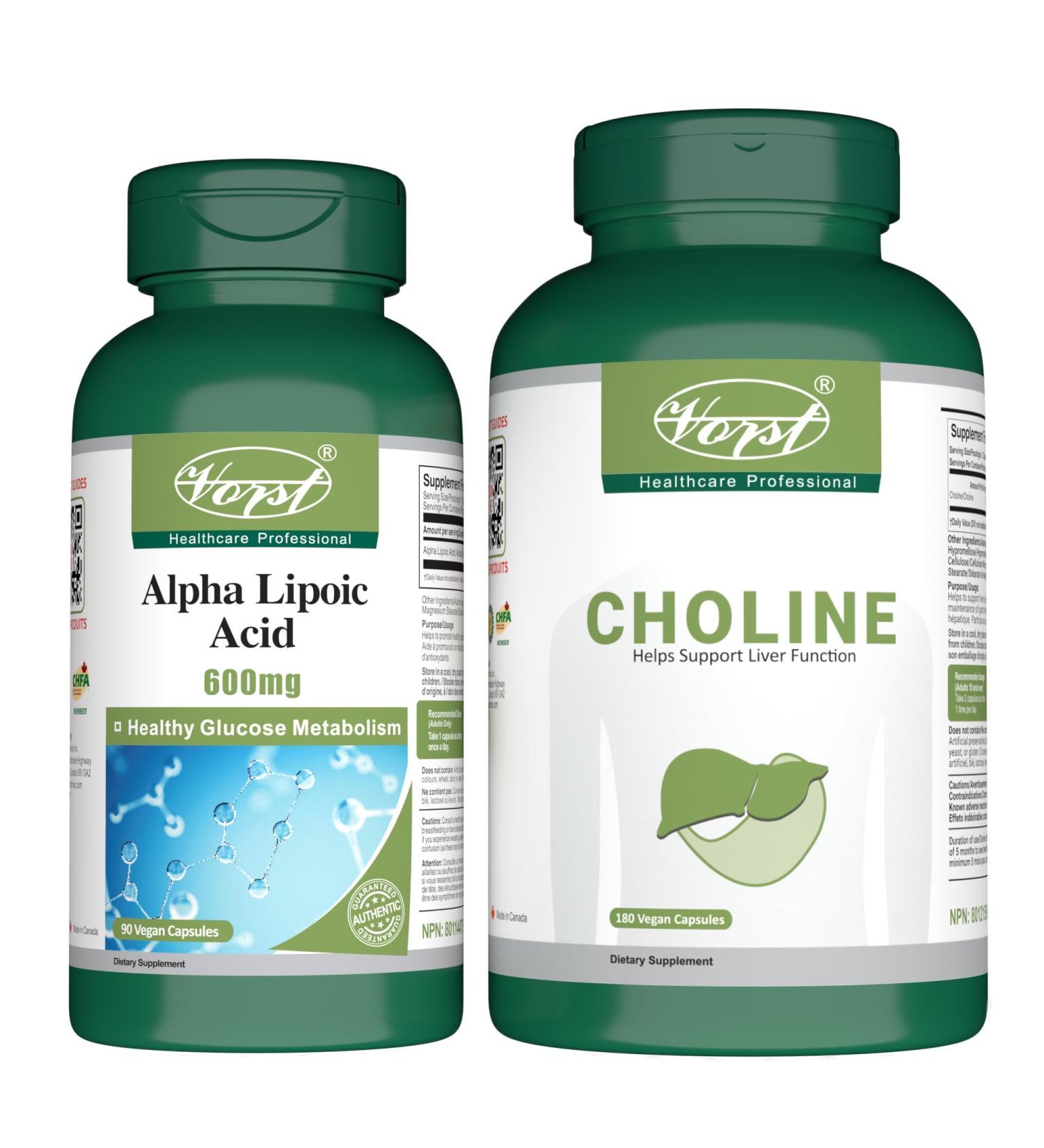 VORST Alpha Lipoic Acid 600mg 90 Vegan Capsules and Choline Bitartrate 180 Vegan Capsules (Combo Bundles 2 Bottles)