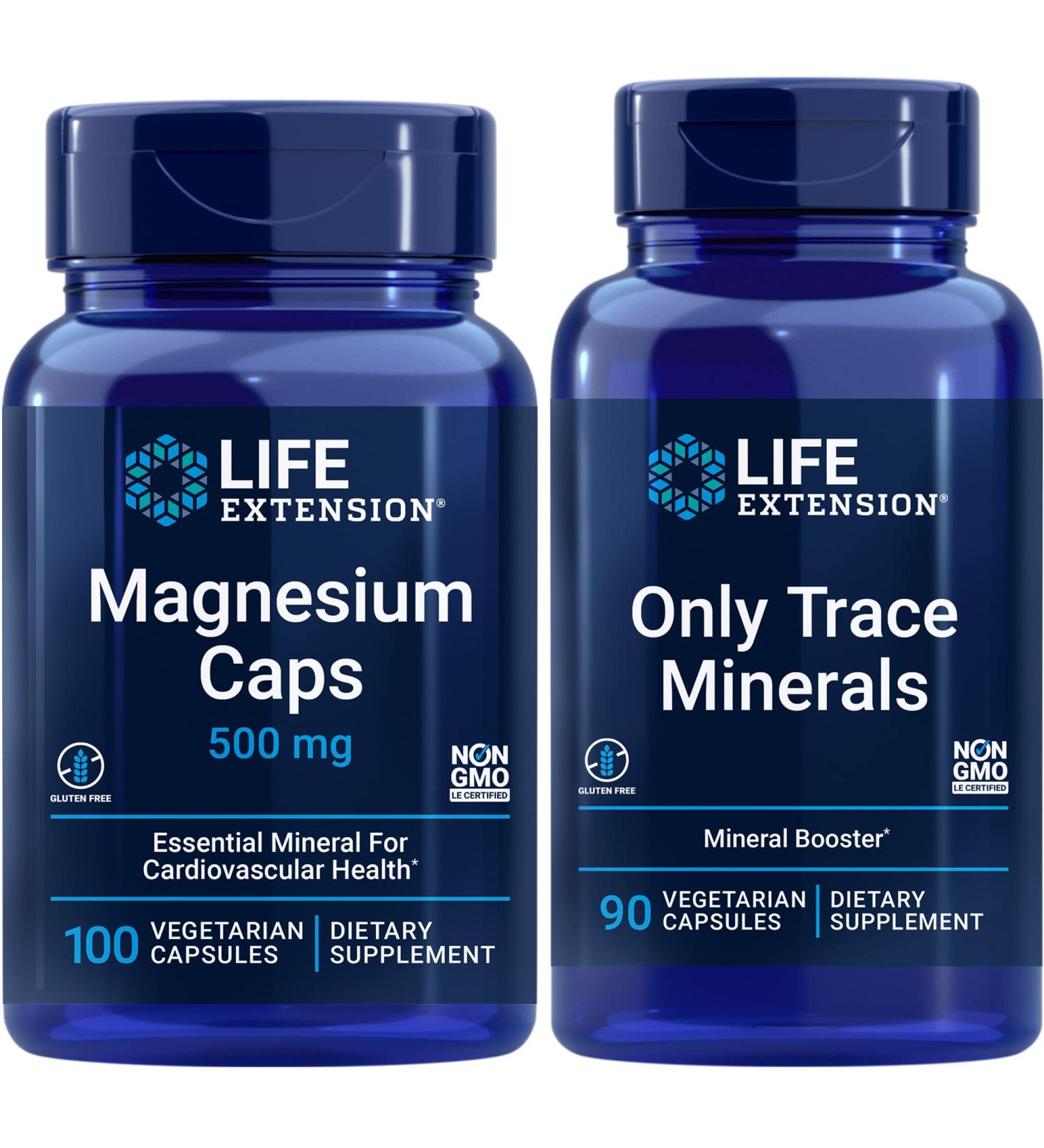 Life Extension Magnesium Caps 500 Mg 100 Vegetarian Capsules | Only Trace Minerals 90 Vegetarian Capsules | Daily Dose of Essential Minerals for Heart & Immune Support and Whole-Body Health