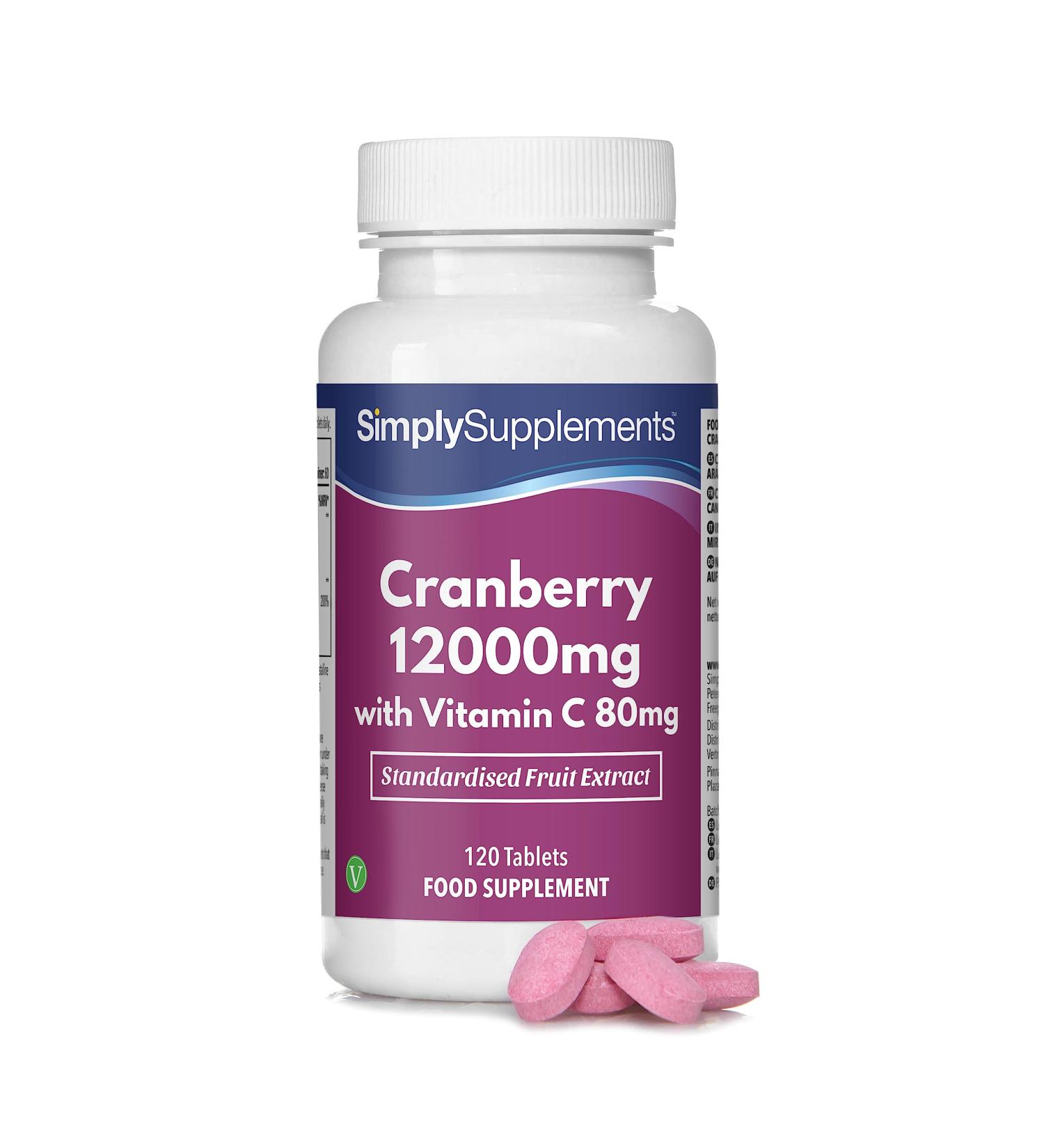 Canneberge 12000mg et Vitamine C 80mg | 120 Comprim s | Adapt aux V g taliens | 2 mois de Bienfaits| SimplySupplements - Buy Online on GoSupps.com