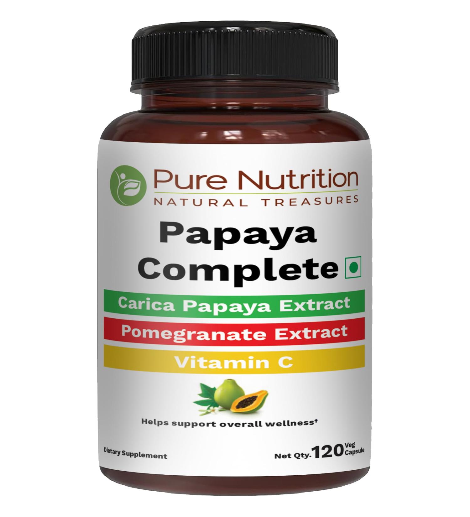 Pure Nutrition Papaya Complete | 120 Caps | Carica Papaya Leaf Extract with Iron, VIT C, VIT A & Folic Acid | Supports Platelet Immunity & Digestion Non-GMO | Gluten-Free 120 Count (Pack of 1) - Buy Online on GoSupps.com