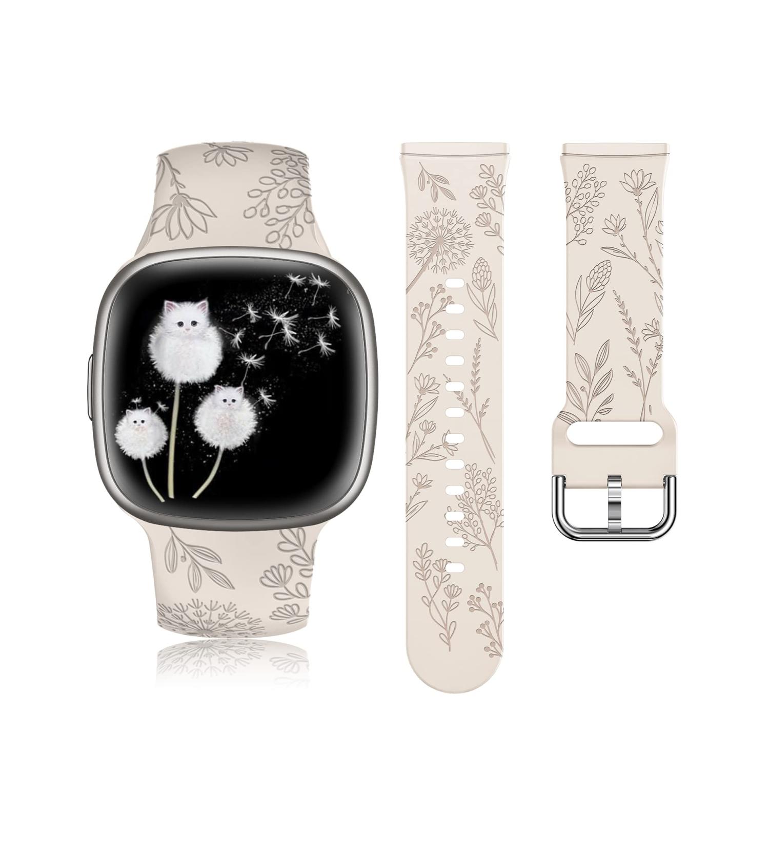 Floral Engraved Band for Fitbit Versa 4/Versa 3/Sense - Cute Dandelion Flower Pattern Silicone Strap for Women - Buy Online on GoSupps.com