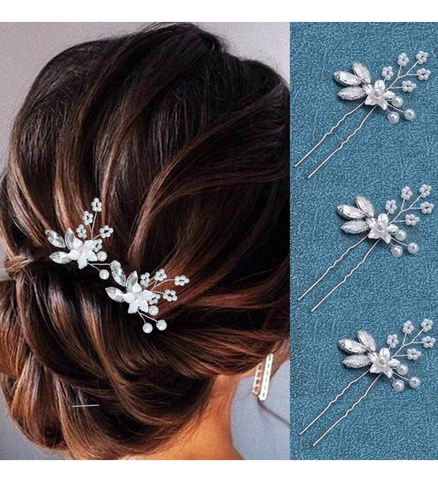 Crystal Bride Wedding Hair Pins - Silver Flower Bridal Headpiece with Pearl Accents - Pack of 3 - Buy Online on GoSupps.com