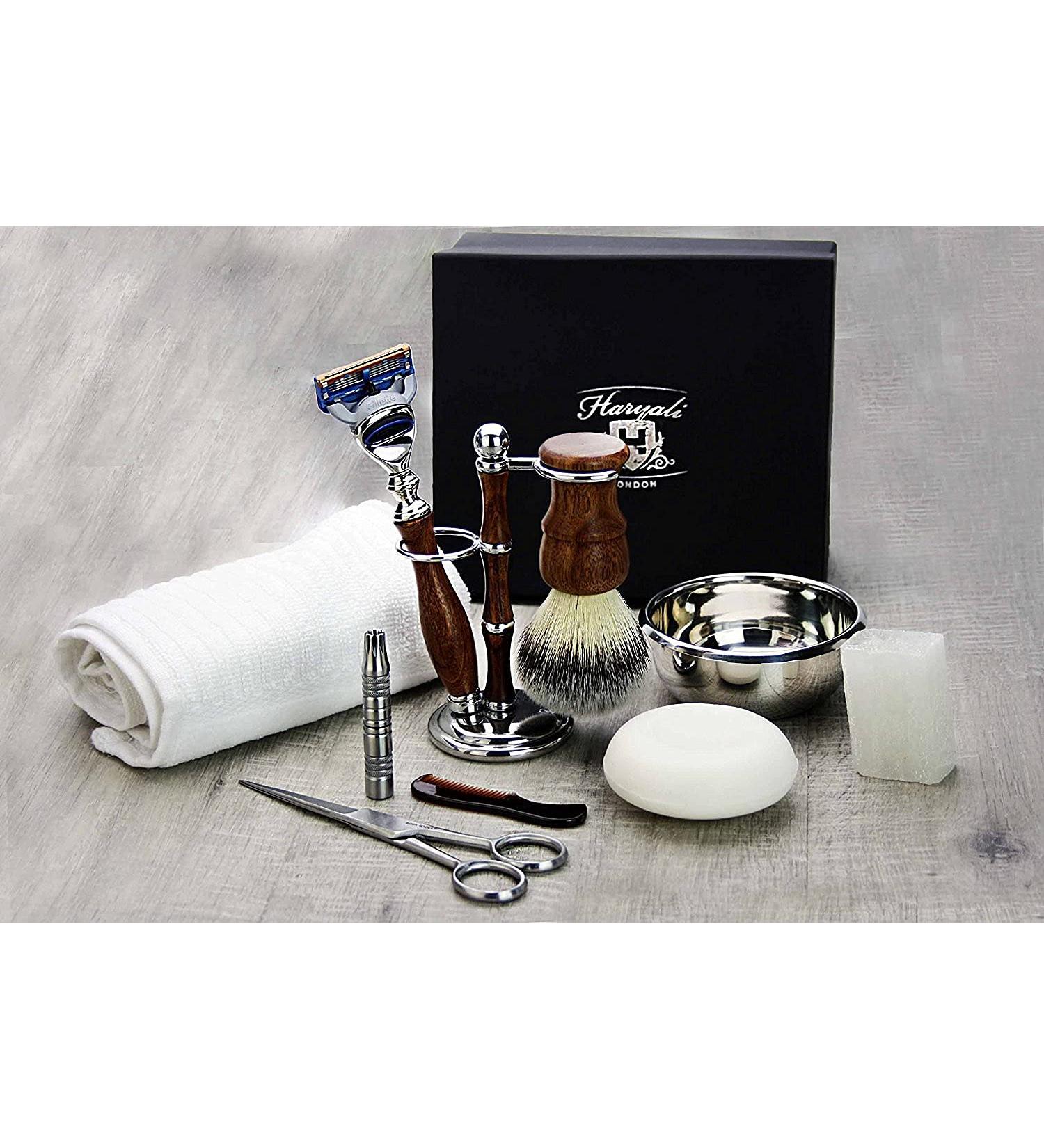 Haryali London 10-Piece Party Shaving Set | Synthetic Brush 5-Edge Razor Bowl & Soap Scissors Trimmer Rack Alum Block - Perfect Grooming Kit for Beards & Shaving - Buy Online on GoSupps.com