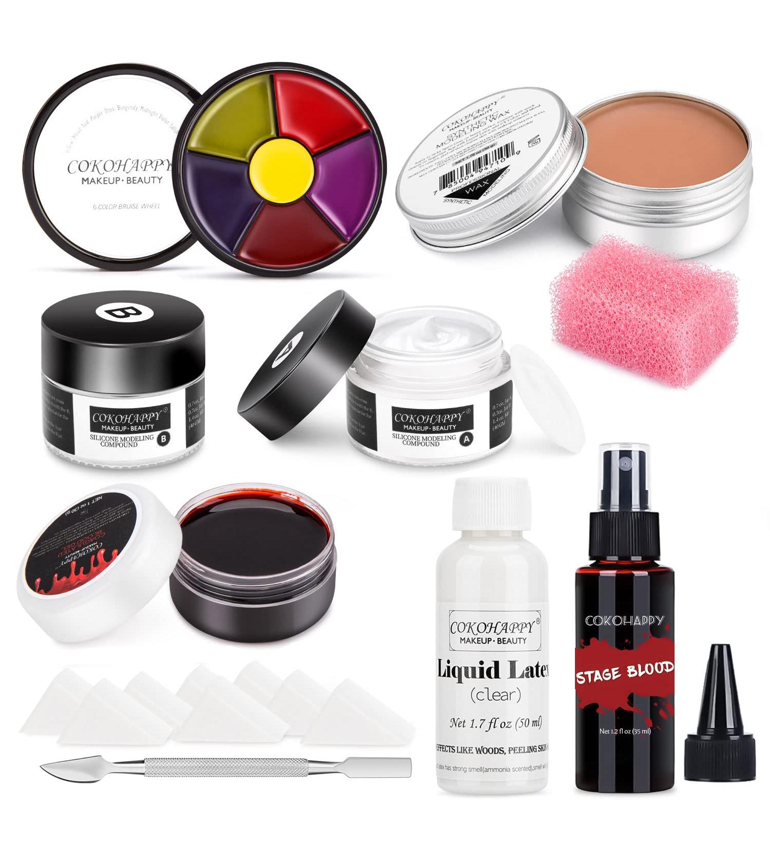 Halloween SFX Makeup Kit with Fake Blood, Liquid Latex, Scar Wax, Silicone Modeling Compound - 6 Colors Face Body Paint for Zombie, Monster, Vampire - Buy Online on GoSupps.com