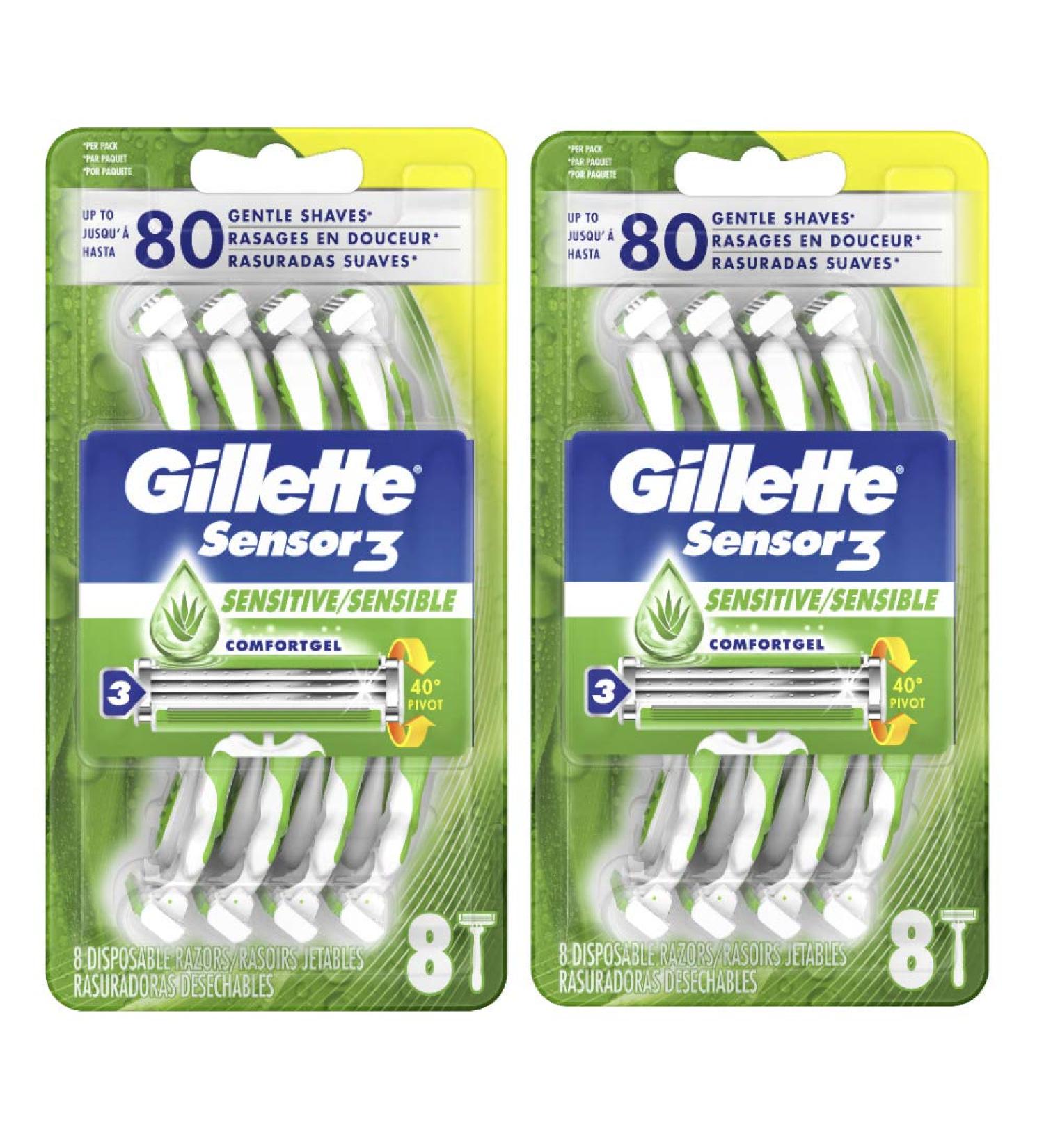Gillette Sensor3 Sensitive Men's Disposable Razors - Enhanced Lubrastrip - 8 Count (Pack of 2) - Buy Online on GoSupps.com