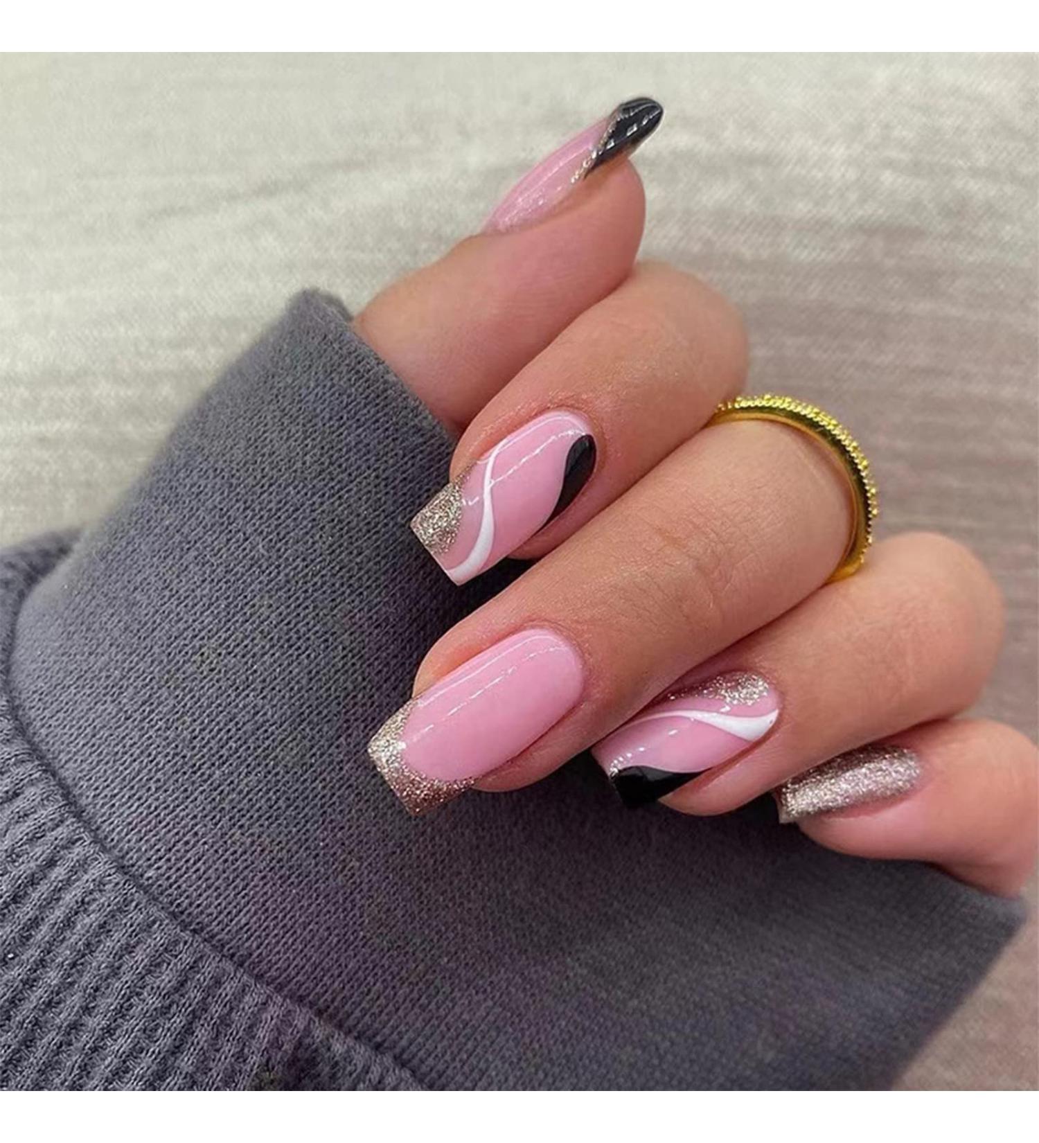 24pcs Short Square French Tip False Nails Pink & Glitter Gold Stick on Nails - Nail Art Accessories for Women and Girls - Buy Online on GoSupps.com
