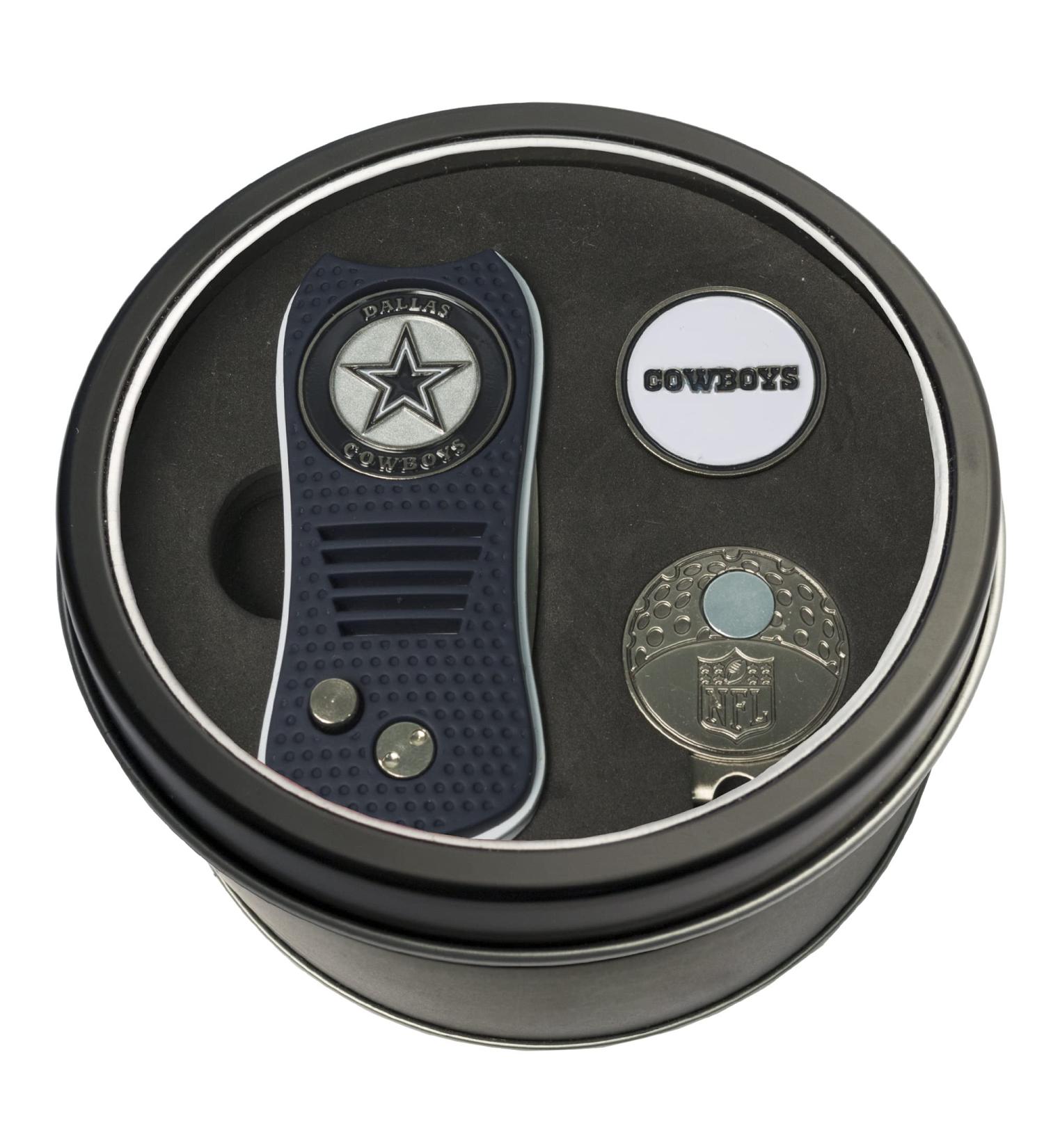 Team Golf NFL Gift Set Switchblade Divot Tool, Cap Clip, & 2 Double-Sided Enamel Ball Markers, Patented Design, Less Damage to Greens, Switchblade Mechanism Dallas Cowboys One Size Multi Team Color