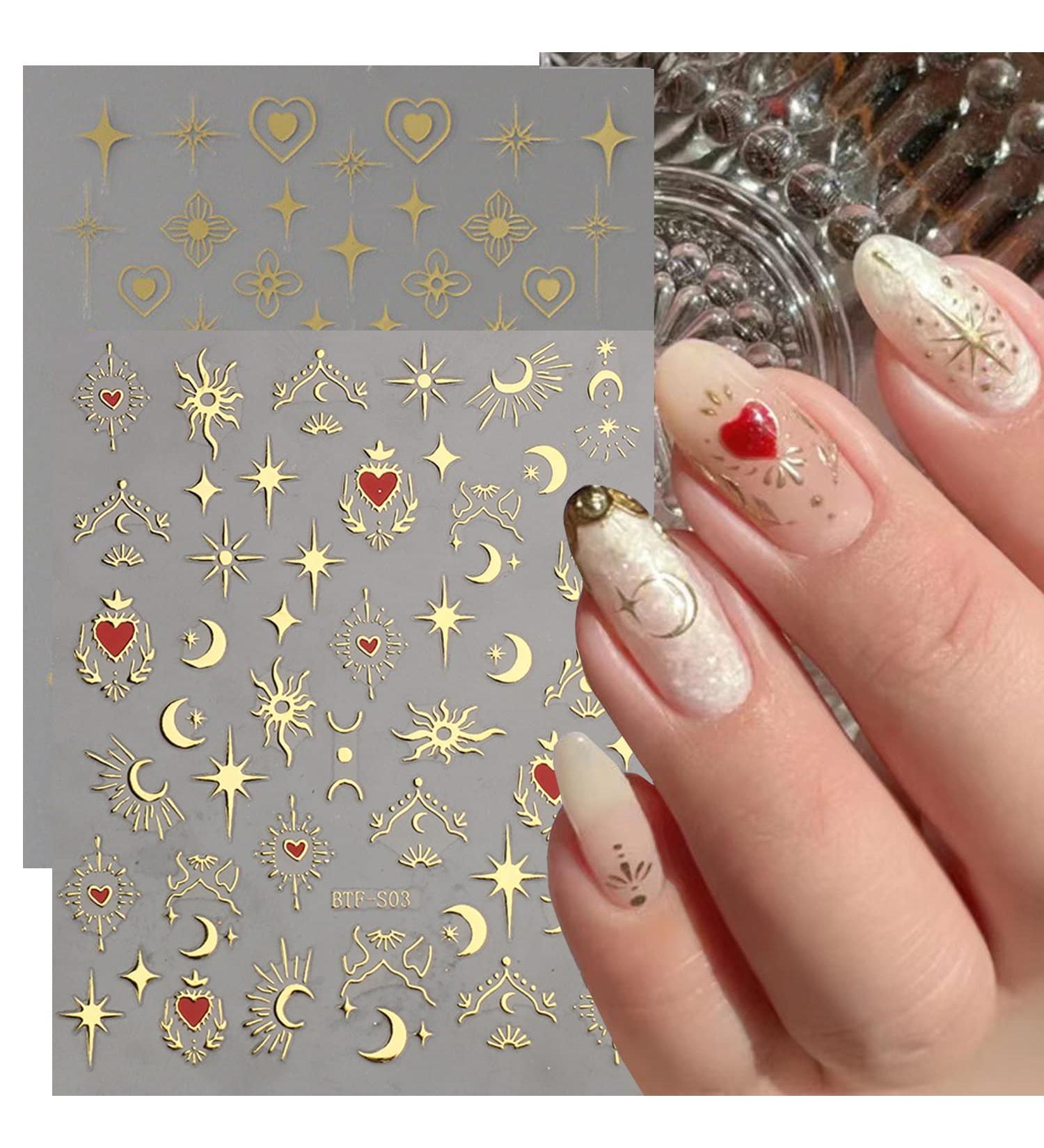 Gold Metallic Nail Art Stickers - 8 Sheets 3D Self-Adhesive Decals for DIY Manicure and Acrylic Nails - Stars, Moon, Butterfly, Heart Design - Buy Online on GoSupps.com