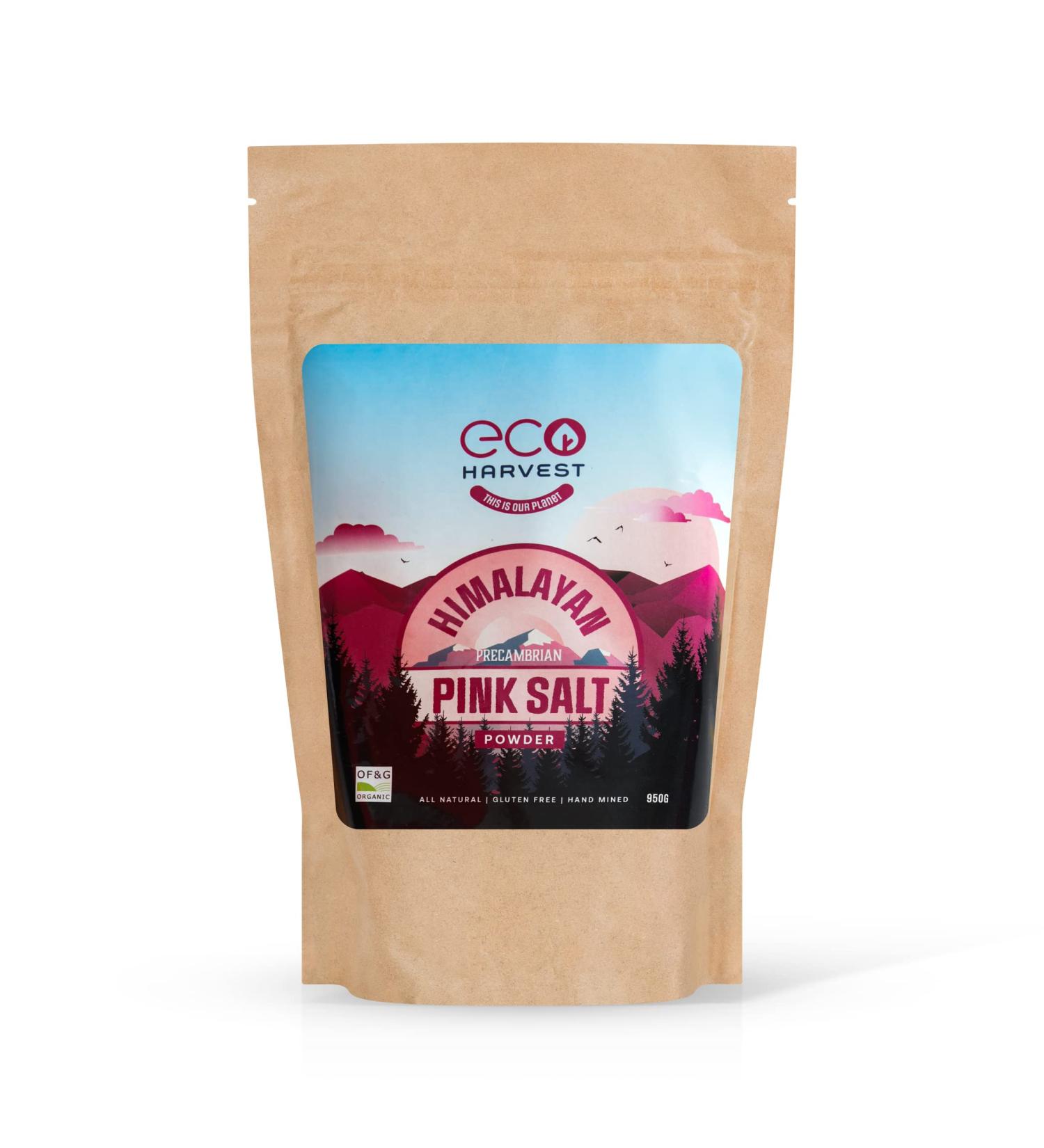 Premium Pink Himalayan Salt (Powder) 950gms. Pure UNREFINED 100% Natural Pink flake in a Biodegradable and Compostable Kraft pouch. Wellness salt by Eco Harvest