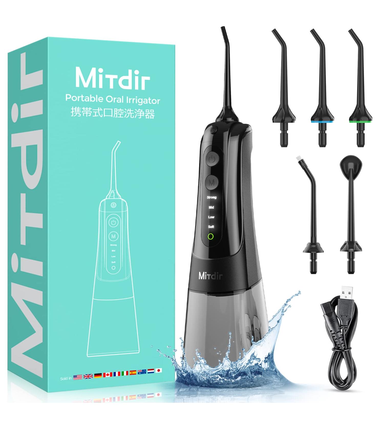 MiTdir Water Dental Flosser Oral Irrigator - 5 Jet Tips, 4 Modes, IPX7 Waterproof, 300ML Tank - Portable Cordless Teeth Cleaner for Home & Travel (Black) - Buy Online on GoSupps.com