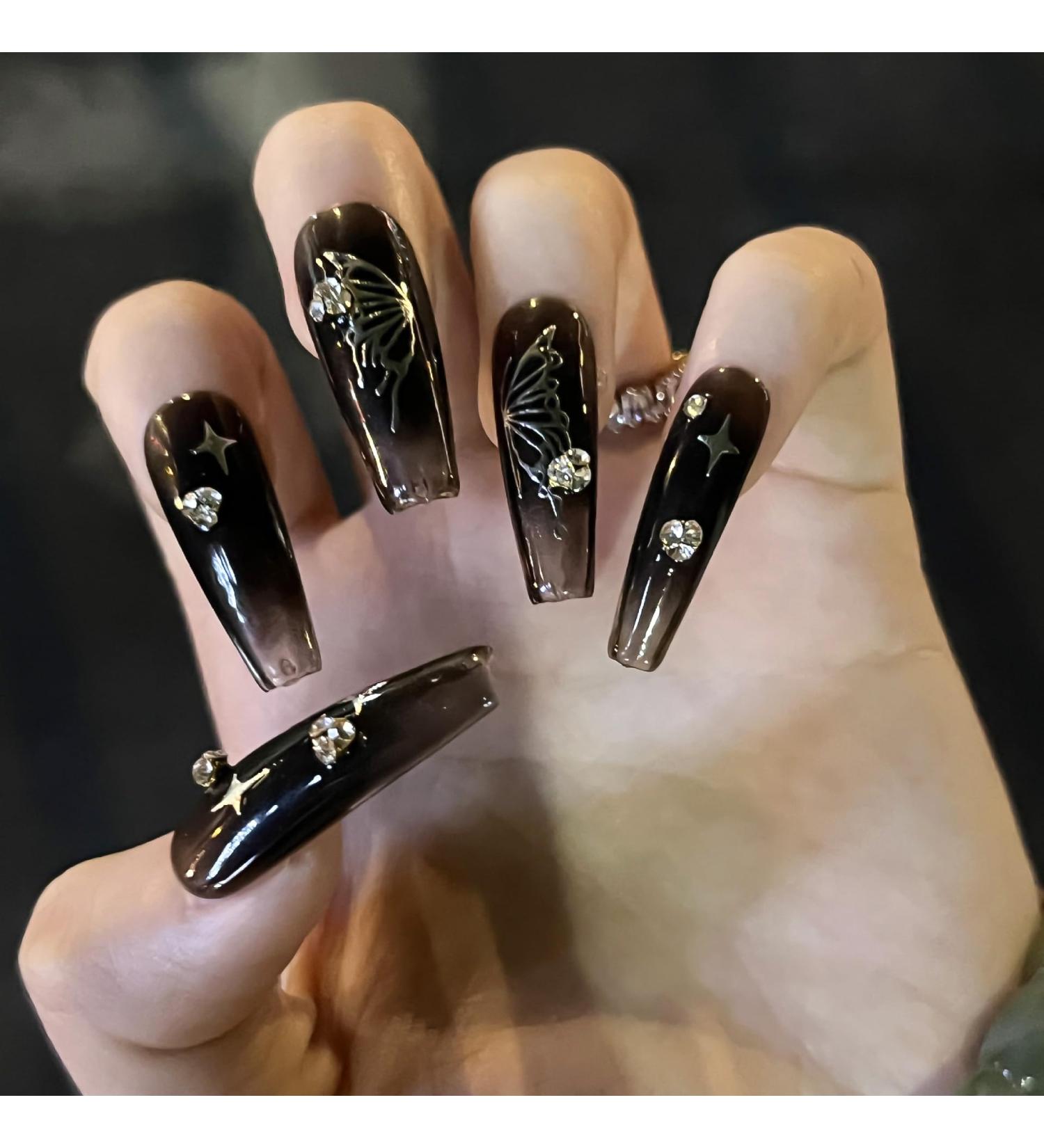 Black Long Coffin Press on Nails with Butterfly & Rhinestones - 24 Pcs Glossy Full Cover Reusable Acrylic Nails for Women - Buy Online on GoSupps.com