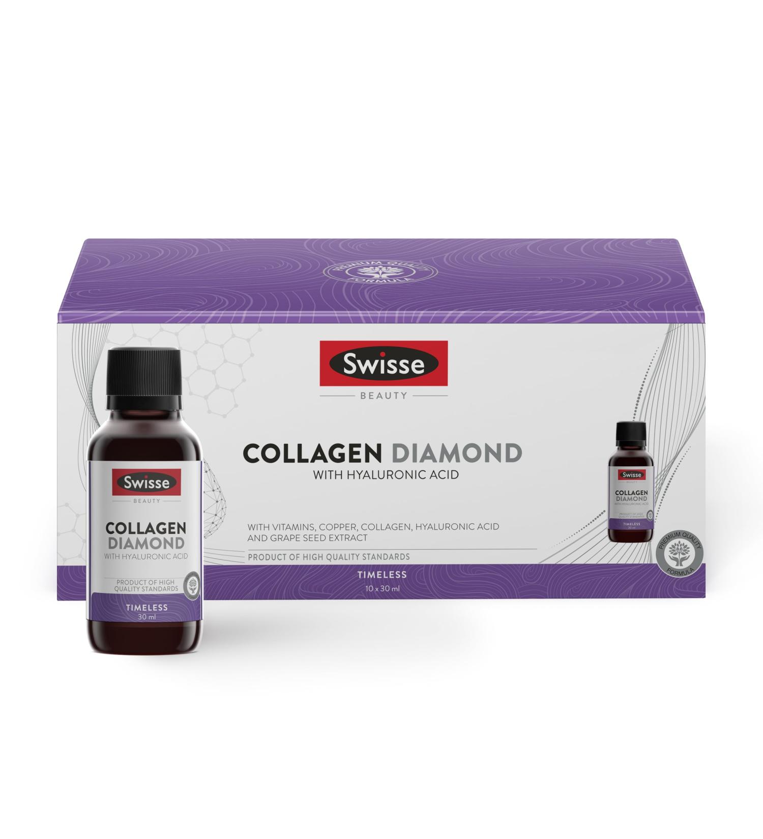 SWISSE Collagen Diamond Liquid Collagen and Hyaluronic Acid Supplement Drinkable Hydrolyzed Collagen with Vitamin C and E 10x30ml Made in Italy Old Edition - Buy Online on GoSupps.com