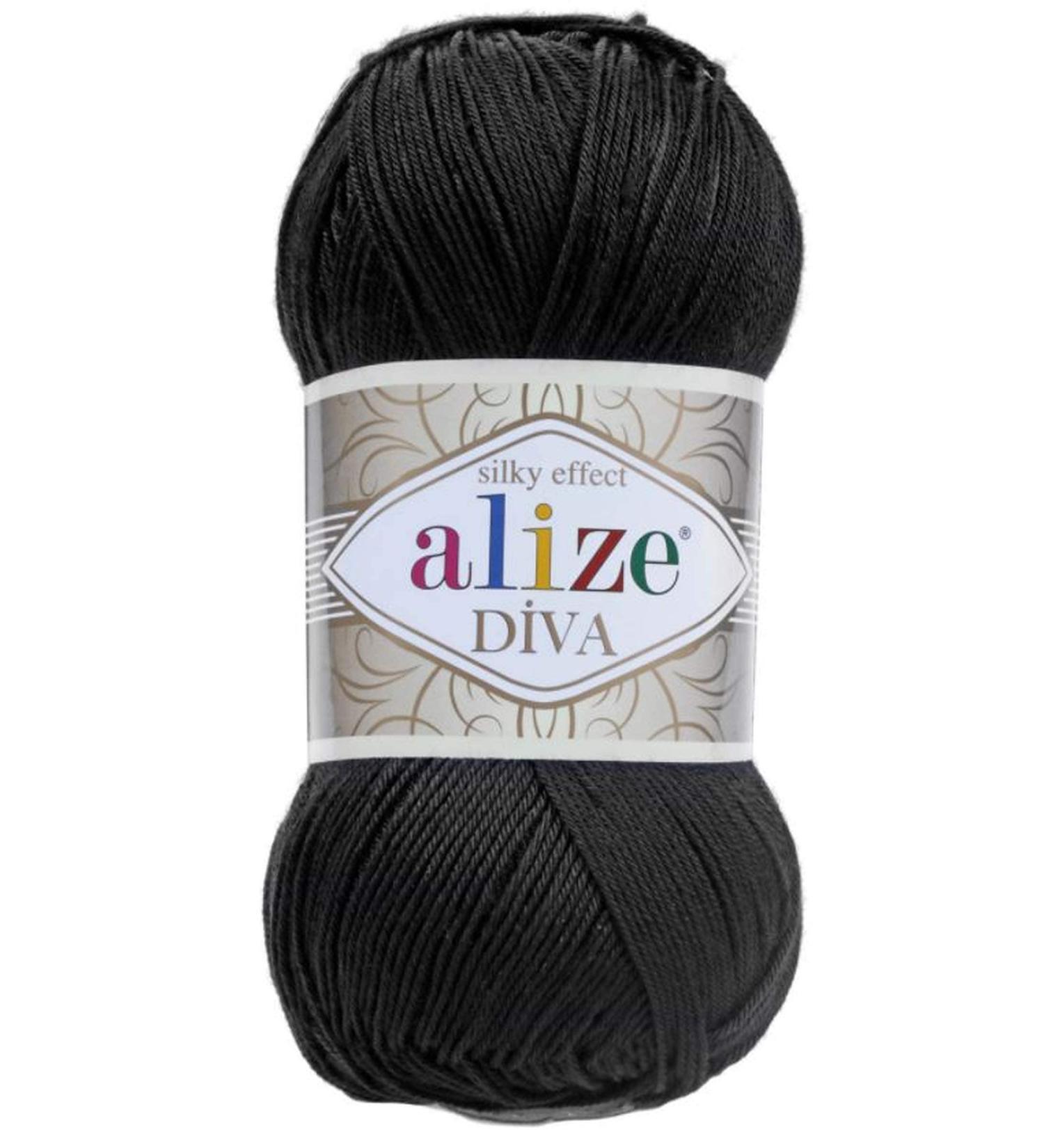 Alize Diva Silk Effect 100% Microfiber Acrylic Yarn 1 Ball skeins 100gr 383yds Color (60 - Black)