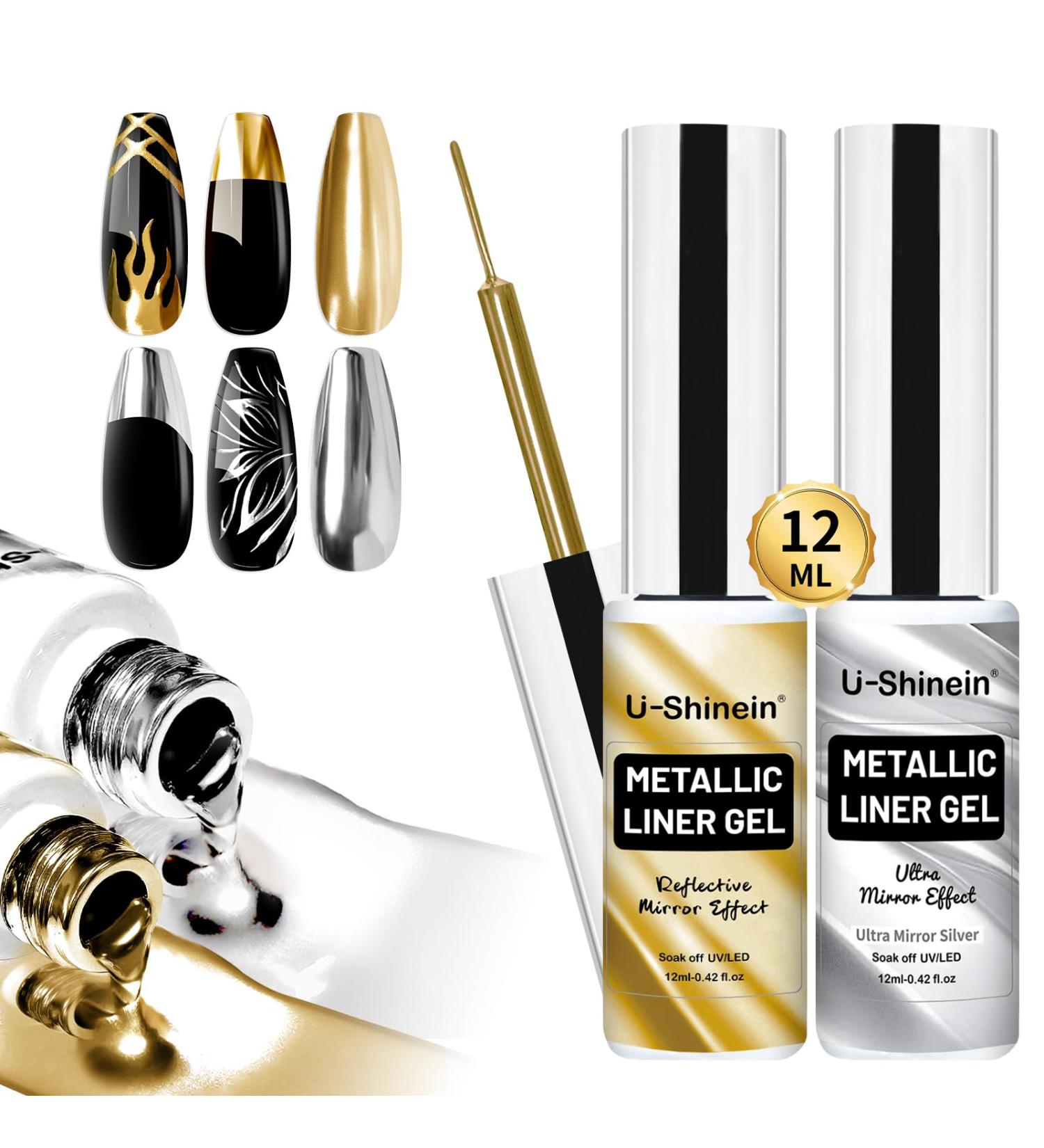 U-Shinein 2x12ml Metallic Painting Nail Gel Liner Gold & Super Silver Metal Painted Drawing Gel Strong Mirror Reflection Nail Art Paint Nail Liner Gel UV Nail Gel with Build in Thin Brush Gold+Ultra-bright Silver - Buy Online on GoSupps.com