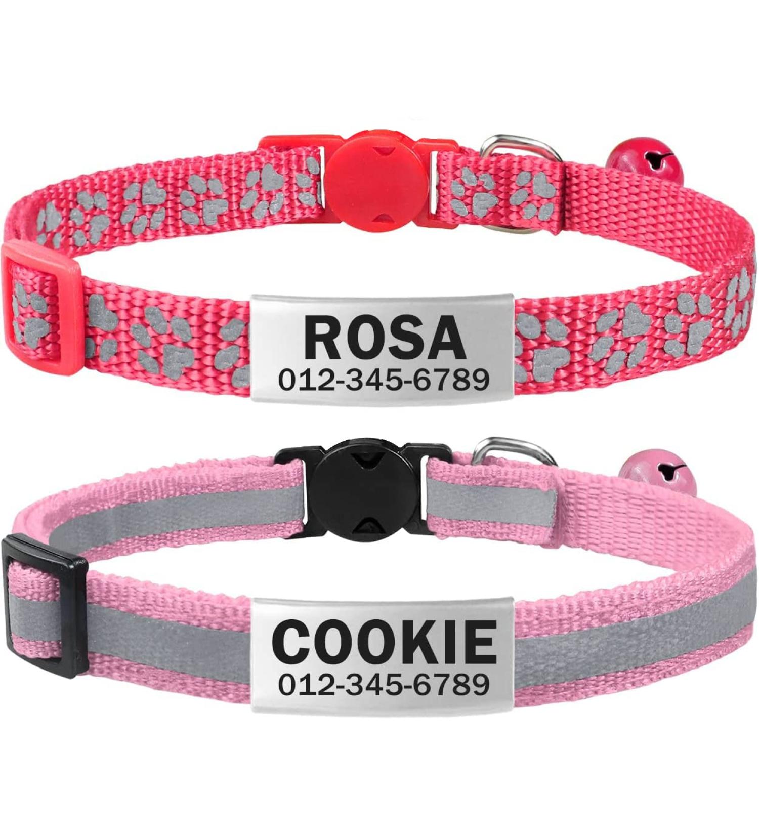 Tagme Cat Collar - 2 Pack Pink Adjustable Neck Band with Name & Phone Number Safety Clasp & Bell Standard Size 18-31 cm - Buy Online on GoSupps.com