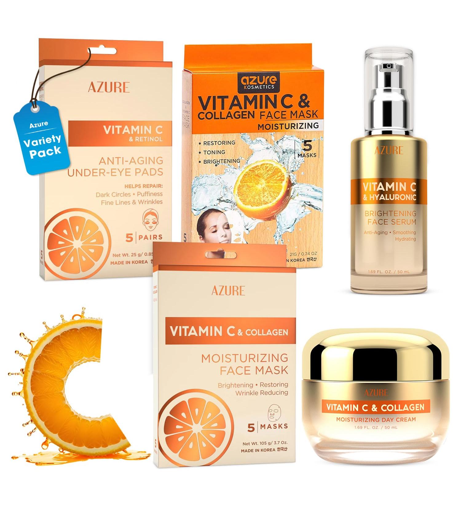 Azure Vitamin C Skincare Bundle: Dermatologist-tested Face Moisturizer Under Eye Pads Collagen Masks & Serum. Hydrates firms and reduces dark spots for glowing youthful skin. Made in Korea Vitamin C Full Regimen - Buy Online on GoSupps.com