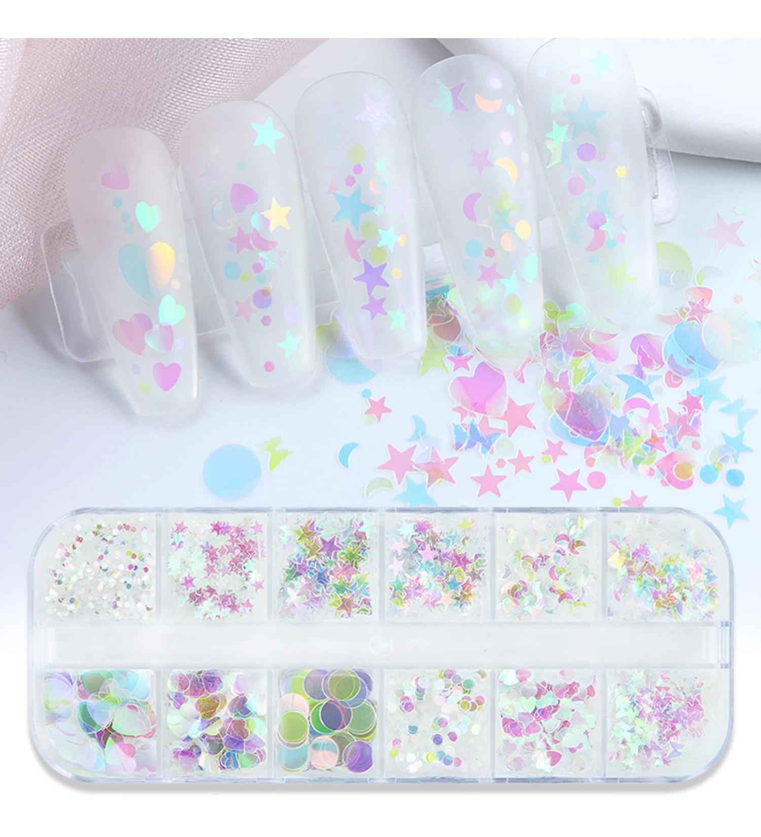 Nail Art Glitter Sequins - 3D Clear Iridescent Ultra-Thin Flakes with Mermaid, Love Heart, Butterfly, Star, Moon & Round Shapes - Nail Decor for Women's Manicures - Buy Online on GoSupps.com