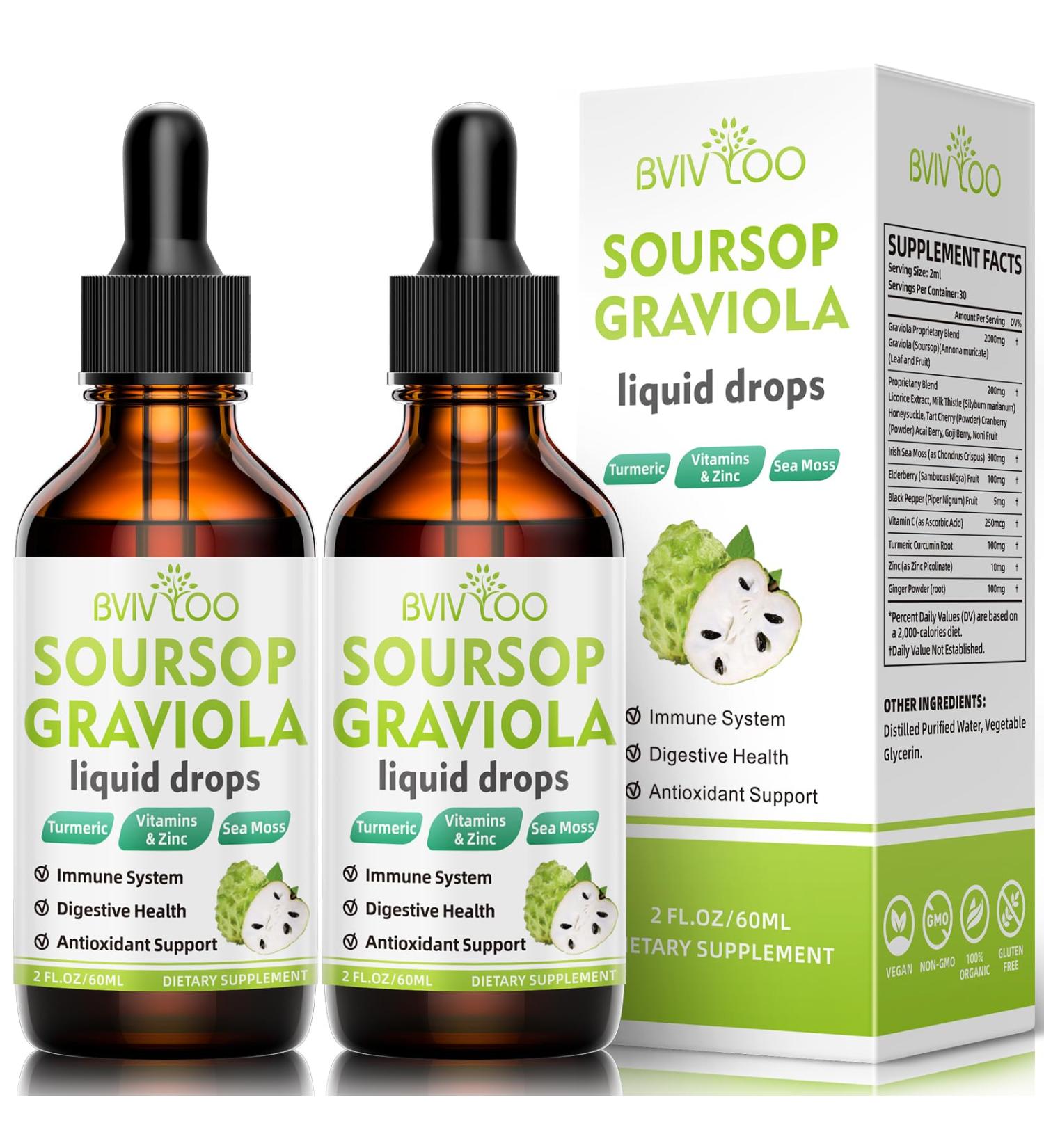2 Pack Soursop Graviola Liquid Drops - 2000mg Pure Soursop Extract Blended with 300mg Sea Moss & 100mg Elderberry - Powerful Cell Support, Antioxidant-Rich, Immune-Boosting - 4 Fl Oz (120ml) Bottle Soursop 2 Fl Oz (Pack of 2) - Buy Online on GoSupps.com