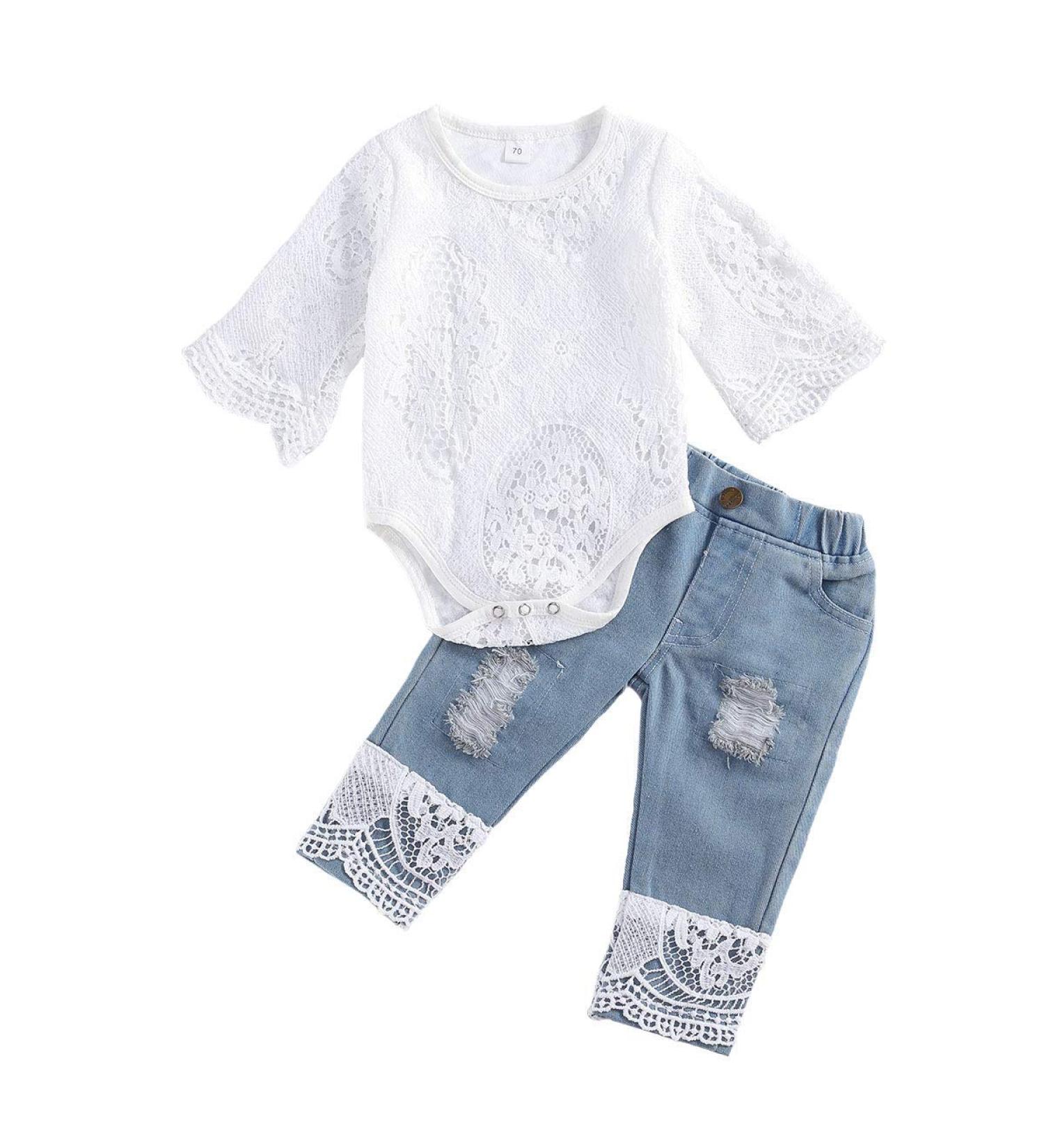Baby Girl White Lace Ruffle Romper Top + Jeans Shorts Clothing Set 18-24 Months - Buy Online on GoSupps.com