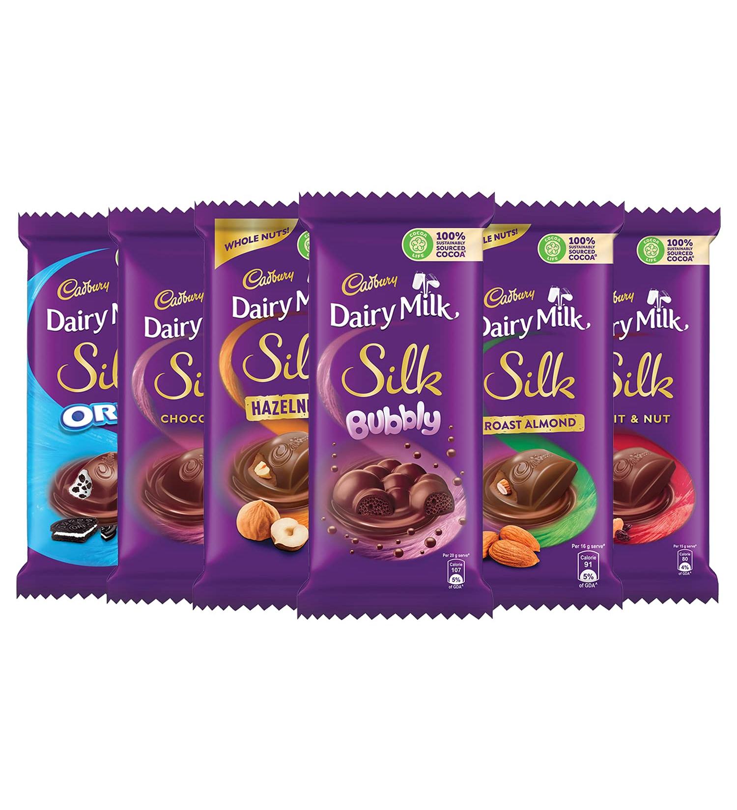  Cadbury Cadbury Large Milk Silk Chocolate Pack (1 x Plain Silk 150g 1 x Oreo Silk 130g 1 x Sparkling Silk 120g 1 x Roasted Almond Silk 143g 1 x Fruit & Nut Silk 137g and 1 x Hazelnut) - Buy Online on GoSupps.com