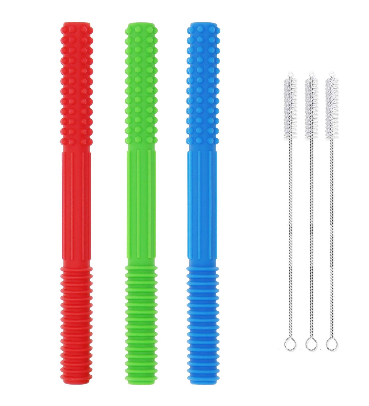 Sensory Teething Tubes (3 Pack) | Soft Silicone Teether Toy for Babies | Chewy Stick for Kids with Autism, ADHD, SPD | Oral Motor Needs | Blue Green Red - Buy Online on GoSupps.com