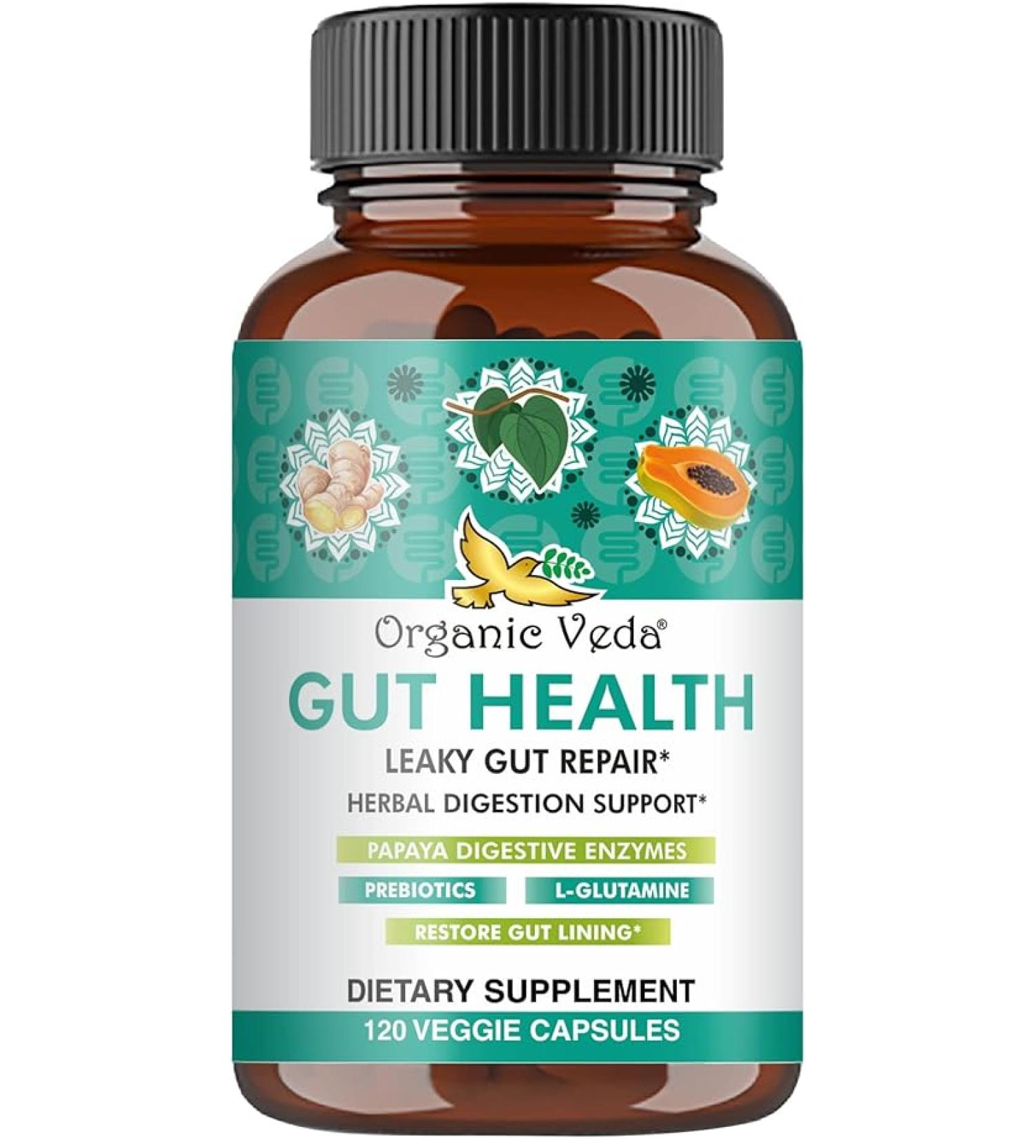 Organic Veda Gut Health Supplement - Leaky Gut Repair Capsules with Papaya Digestive Enzymes Prebiotics L-Glutamine Turmeric - Support Bowel Movement & Cleanse Colon - 120 Count - Buy Online on GoSupps.com