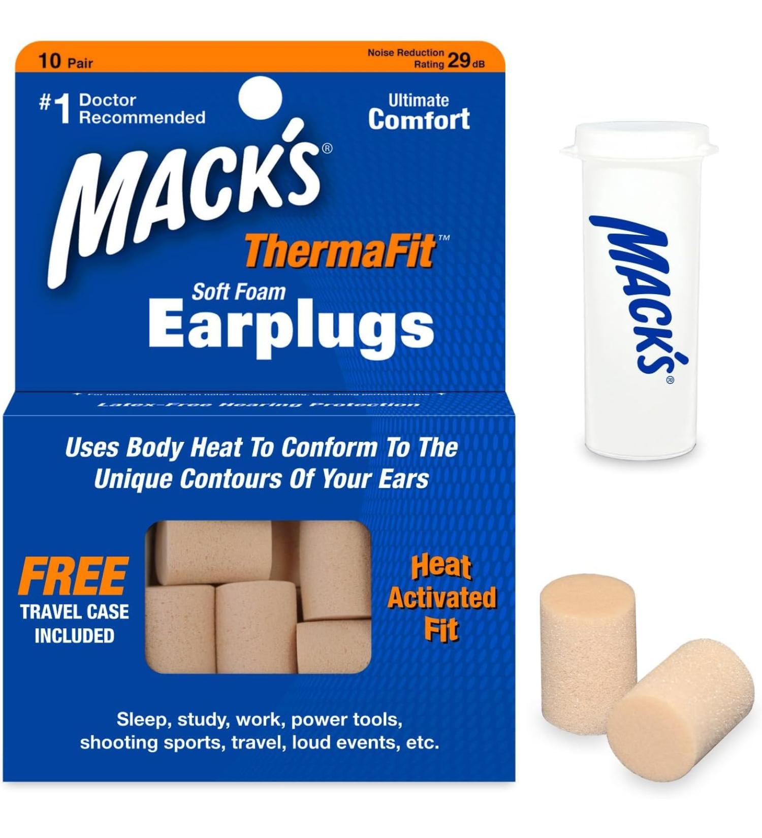 Mack's ThermaFit Soft Foam Earplugs 10 Pairs + Keychain Case | Comfortable Ear Plugs for Sleeping Travel & Events - International Shipping Available - Buy Online on GoSupps.com