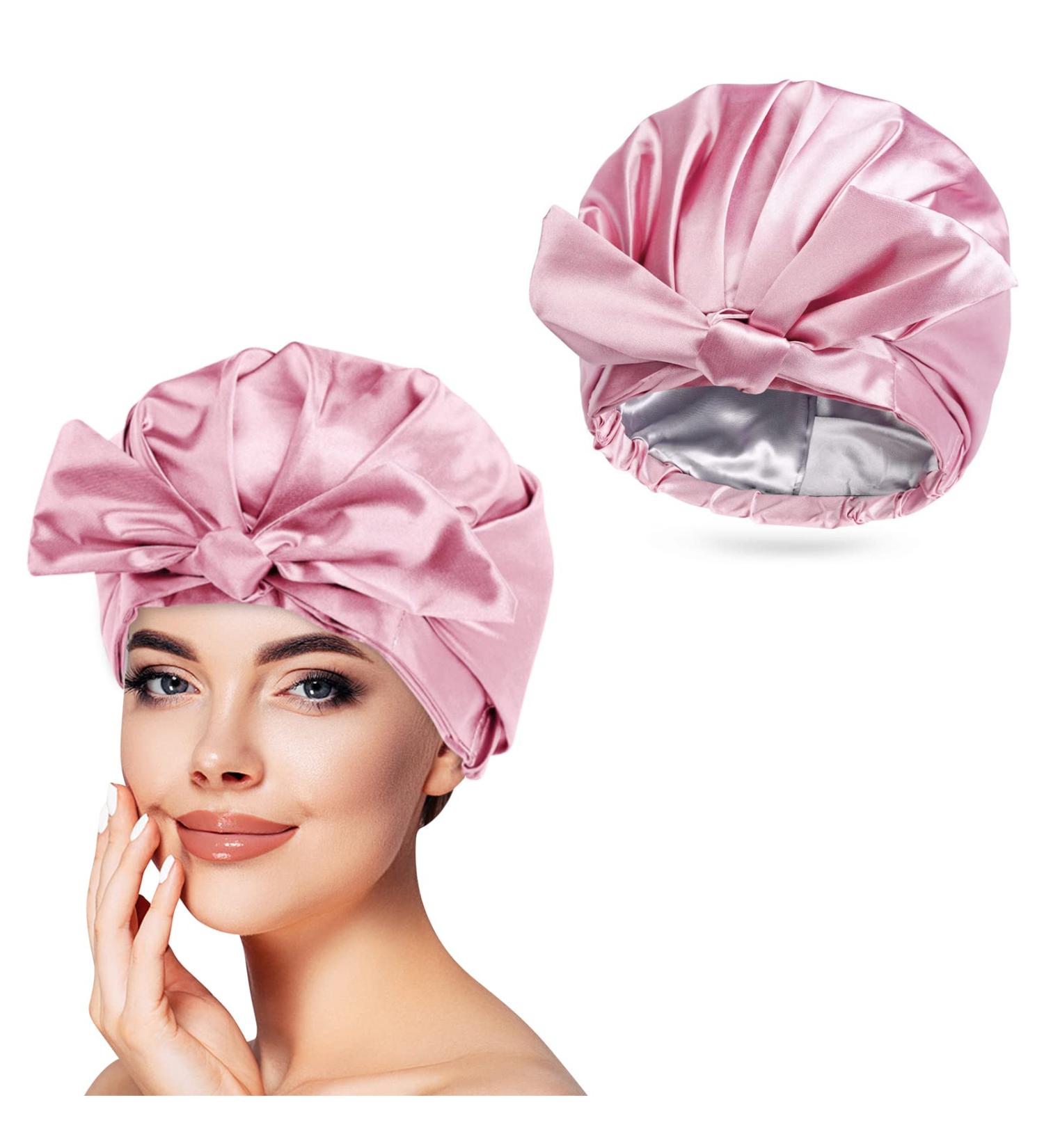 Arqumi Waterproof Double-Layer Shower Cap with Ribbon Bow - Pink - 1PCS - Buy Online on GoSupps.com