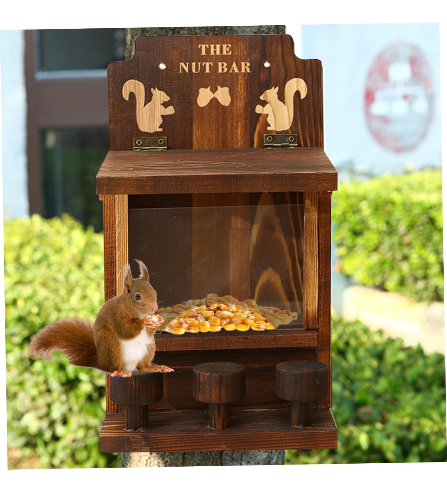 Squirrel Feeder 27.5cm/10.8inch Wood Squirrel Feeders for Outside Weatherproof Squirrel Bar with 3 Small Stool Wooden Chipmunk House Box for Corn Peanuts - Buy Online on GoSupps.com