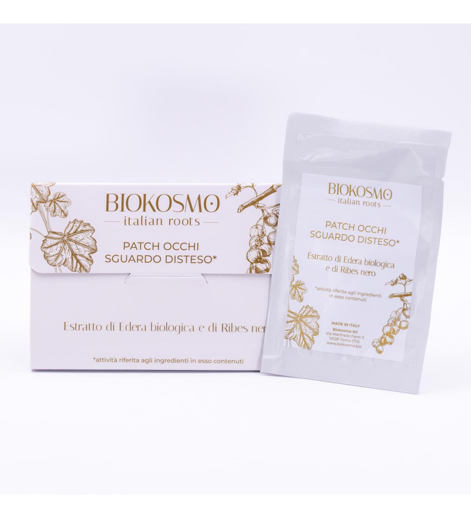 BIOKOSMO - italian roots - DISTESTED EYE PATCH. Organic ivy and blackcurrant extract. Contains 4 envelopes of 2 disposable eye patches 16 ml. 100% Made in Italy and Cruelty Free - Buy Online on GoSupps.com