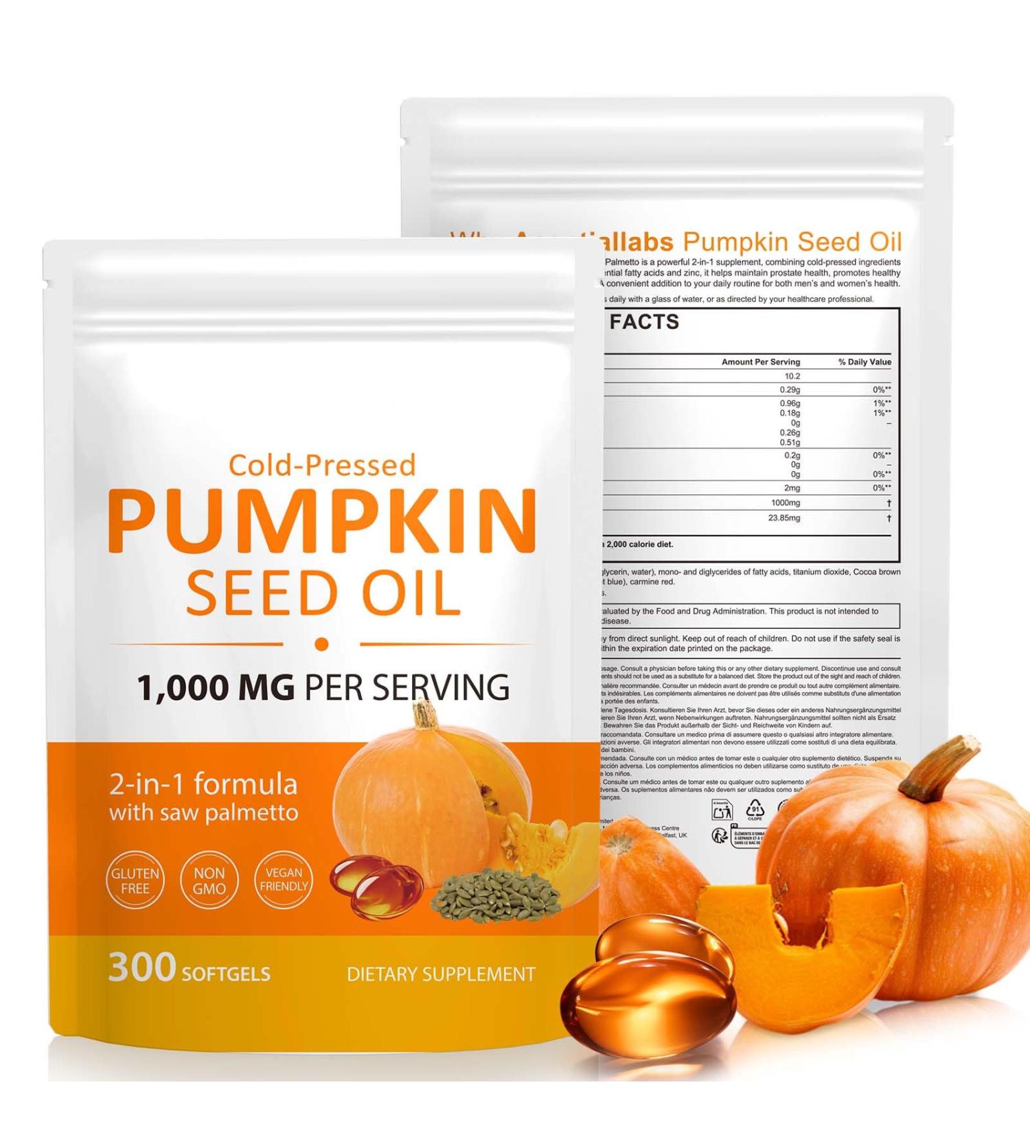 Pumpkin Seed Oil with Saw Palmetto 2 in 1 Pumpkin Seed Oil Capsules for Hair Growth 1000mg per Serving 300 Softgels Cold Pressed Prostate Urinary & Bladder Health Pure & Natural - Buy Online on GoSupps.com