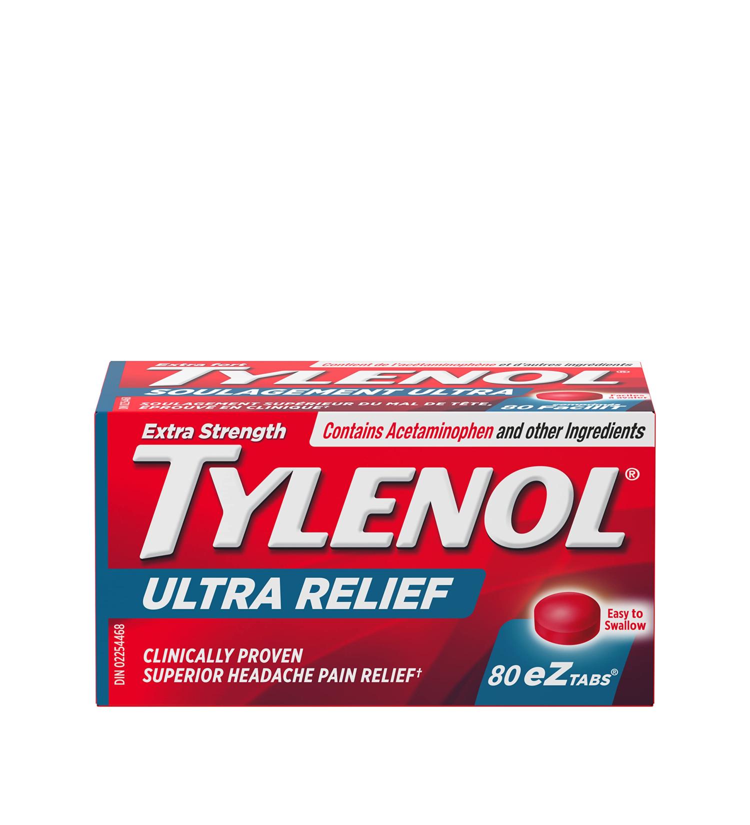 Tylenol Ultra Relief eZTABS with 500 mg Acetaminophen plus 65 mg caffeine for Migraine Pain Relief 80 Tablets 80 Count (Pack of 1) - Buy Online on GoSupps.com
