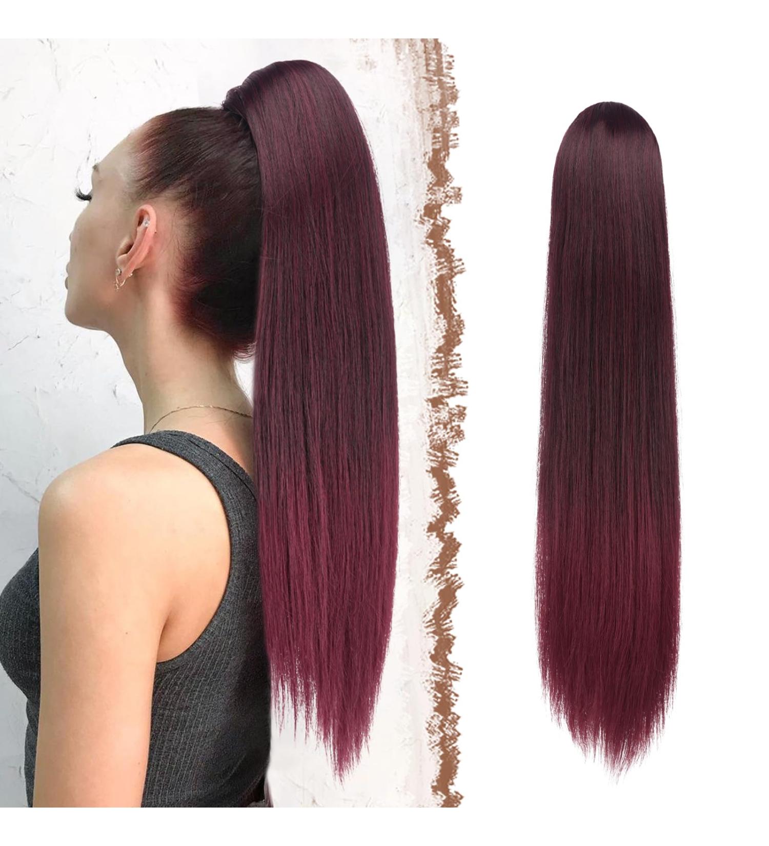 Feshfen 70cm Ponytail Extensions - Black & Burgundy Drawstring Hair Extensions for Women | Long Straight Braid Synthetic Hair - Buy Online on GoSupps.com