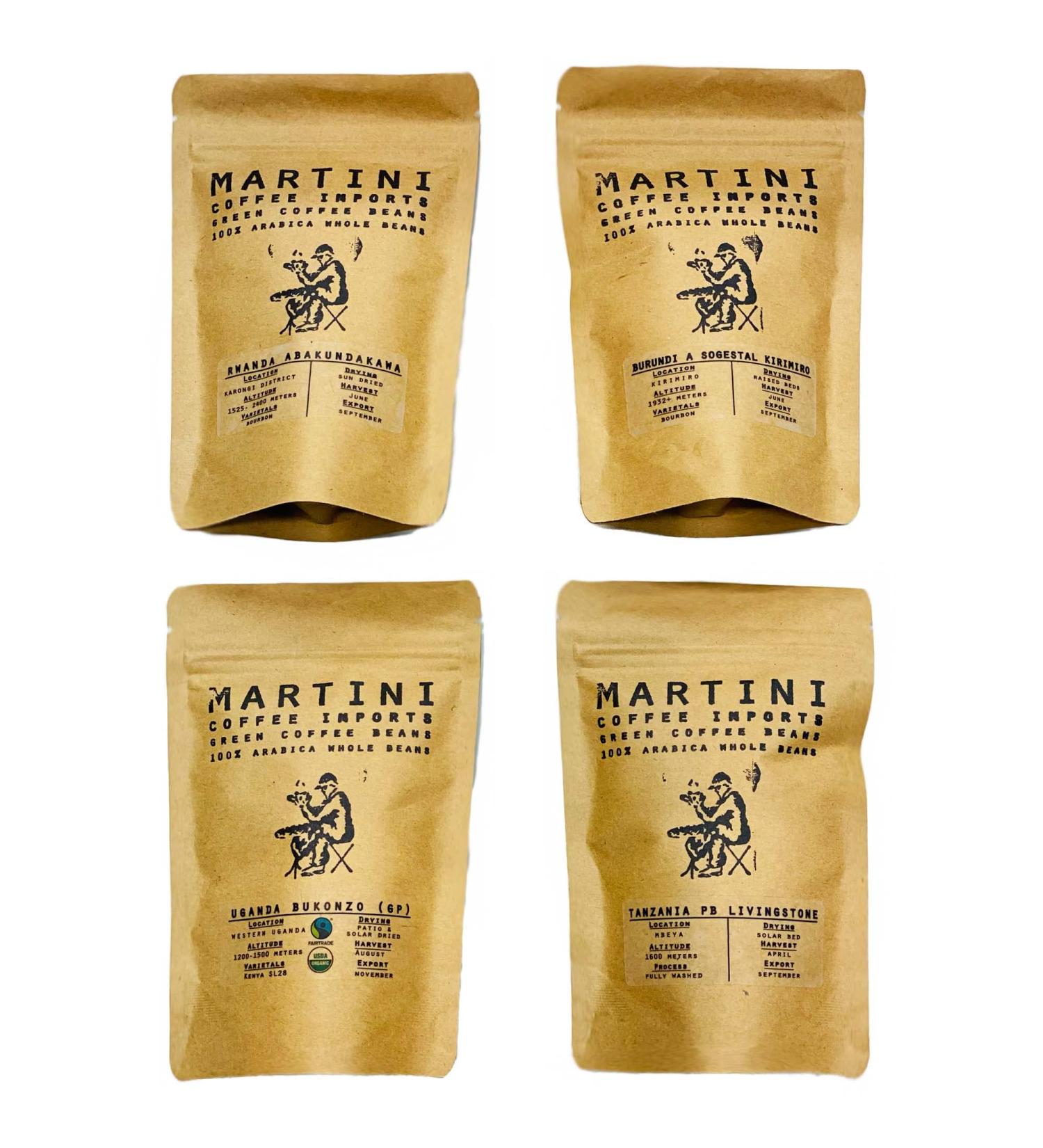 Martini Coffee Roasters Unroasted Green Coffee Sampler Pack - 4oz Samples of Raw Arabica Beans from Colombia, Ethiopia, Brazil & Guatemala - Buy Online on GoSupps.com