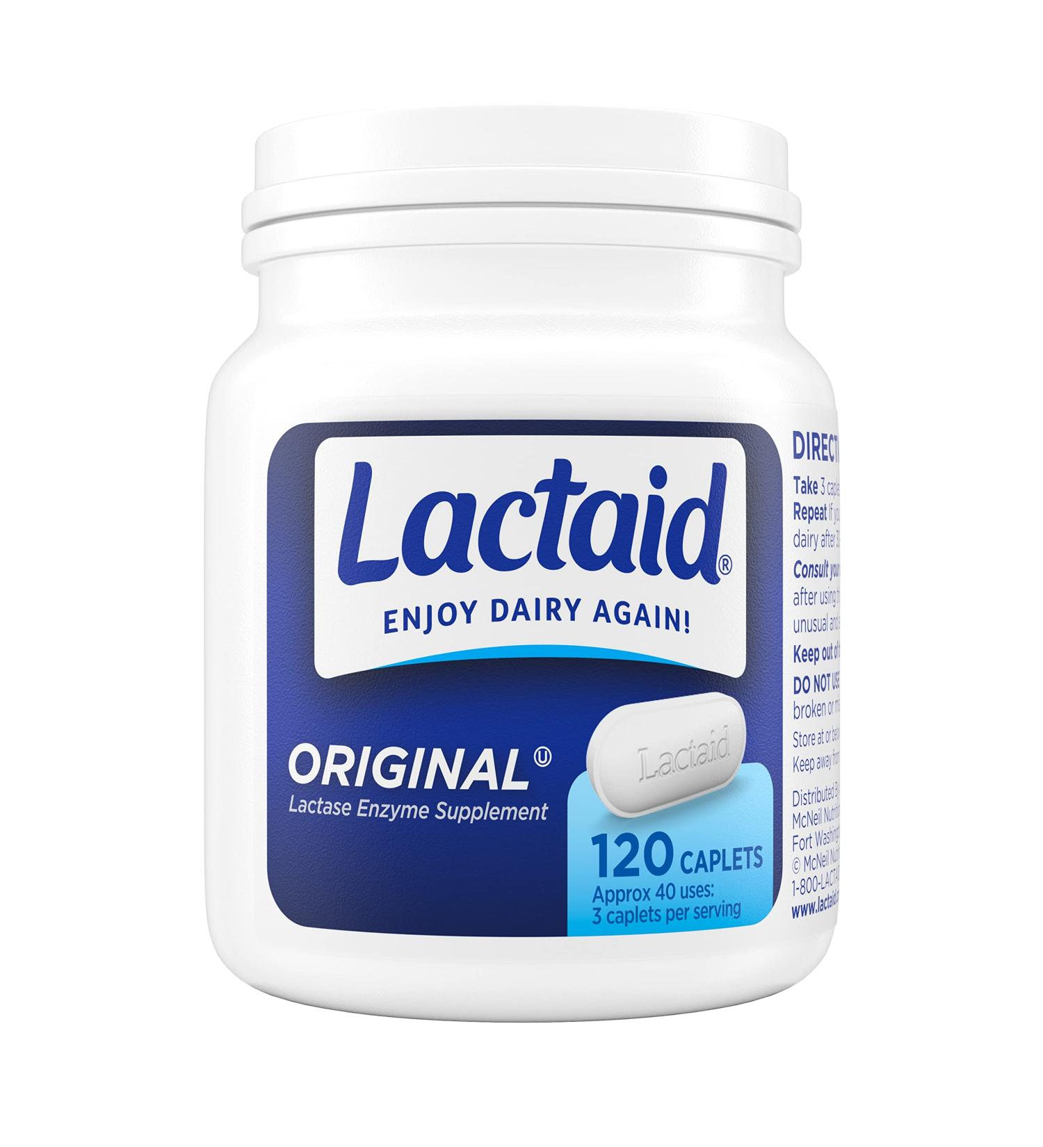 Lactaid Original Strength Lactose Intolerance Relief Caplets 120 ct - Natural Lactase Enzyme Dietary Supplement for Gas, Bloating & Diarrhea Prevention - Buy Online on GoSupps.com