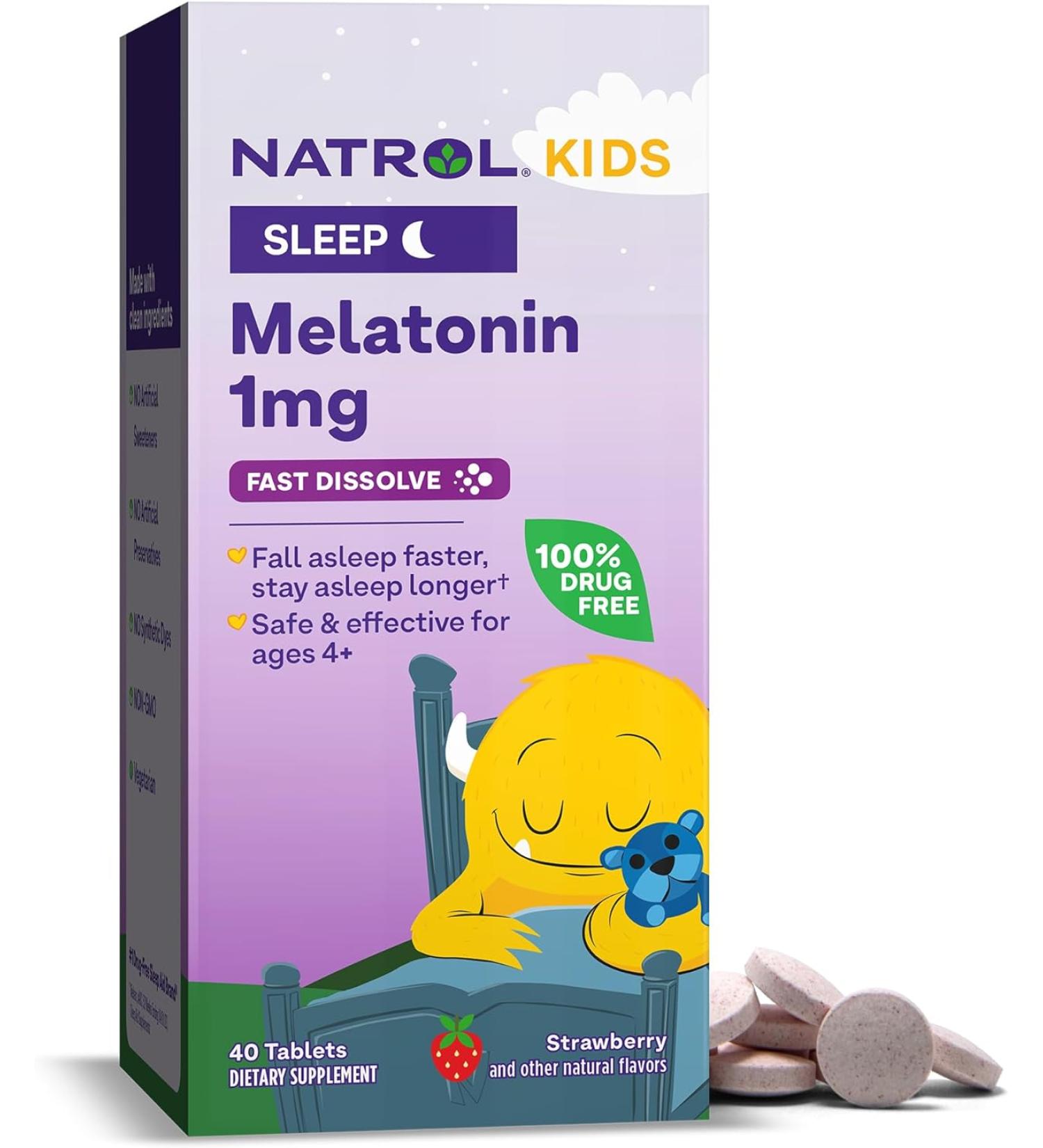 Natrol Kids Melatonin Fast Dissolve Tablets  Helps You Fall Asleep Faster  Stay Asleep Longer  Easy to Take  Dissolves in Mouth  for Ages 4 and Up  Strawberry Flavor  1mg  40 Count Fast Dissolve Tablet 40 Count (Pack of  - Buy Online on GoSupps.com