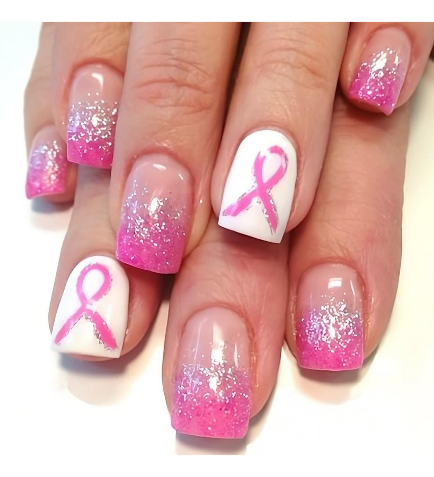 24Pcs Sparkly Breast Cancer Awareness Press-On Nails - Short Square Fake Nails with Pink Glitter & Ribbon Design for Women & Girls - Buy Online on GoSupps.com