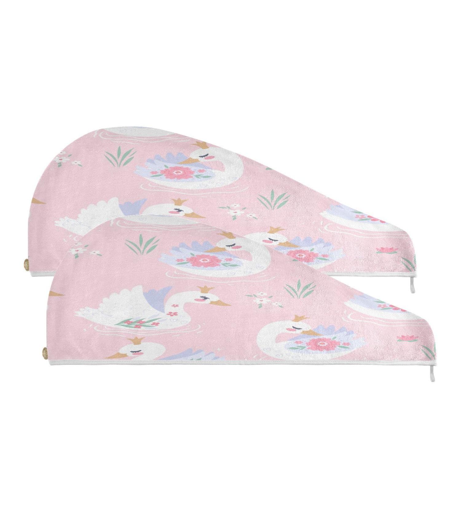 Buy Cute Swans Pink Dry Hair Cap Set - 2 Piece Quick Drying Towels & Button Headband | Super Absorbent & Comfortable - Buy Online on GoSupps.com