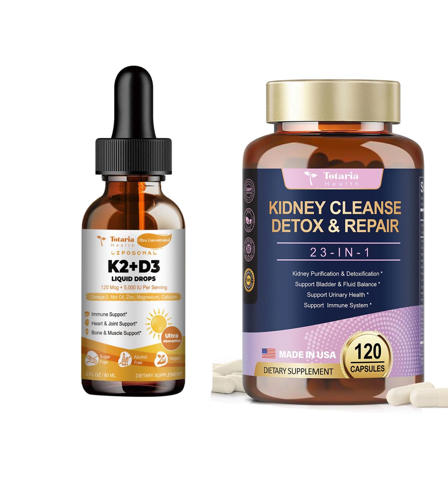 Liposomal Liquid Vitamin D3 K2 Supplement + Kidney & Liver Cleanse Detox & Repair Capsules - Buy Online on GoSupps.com