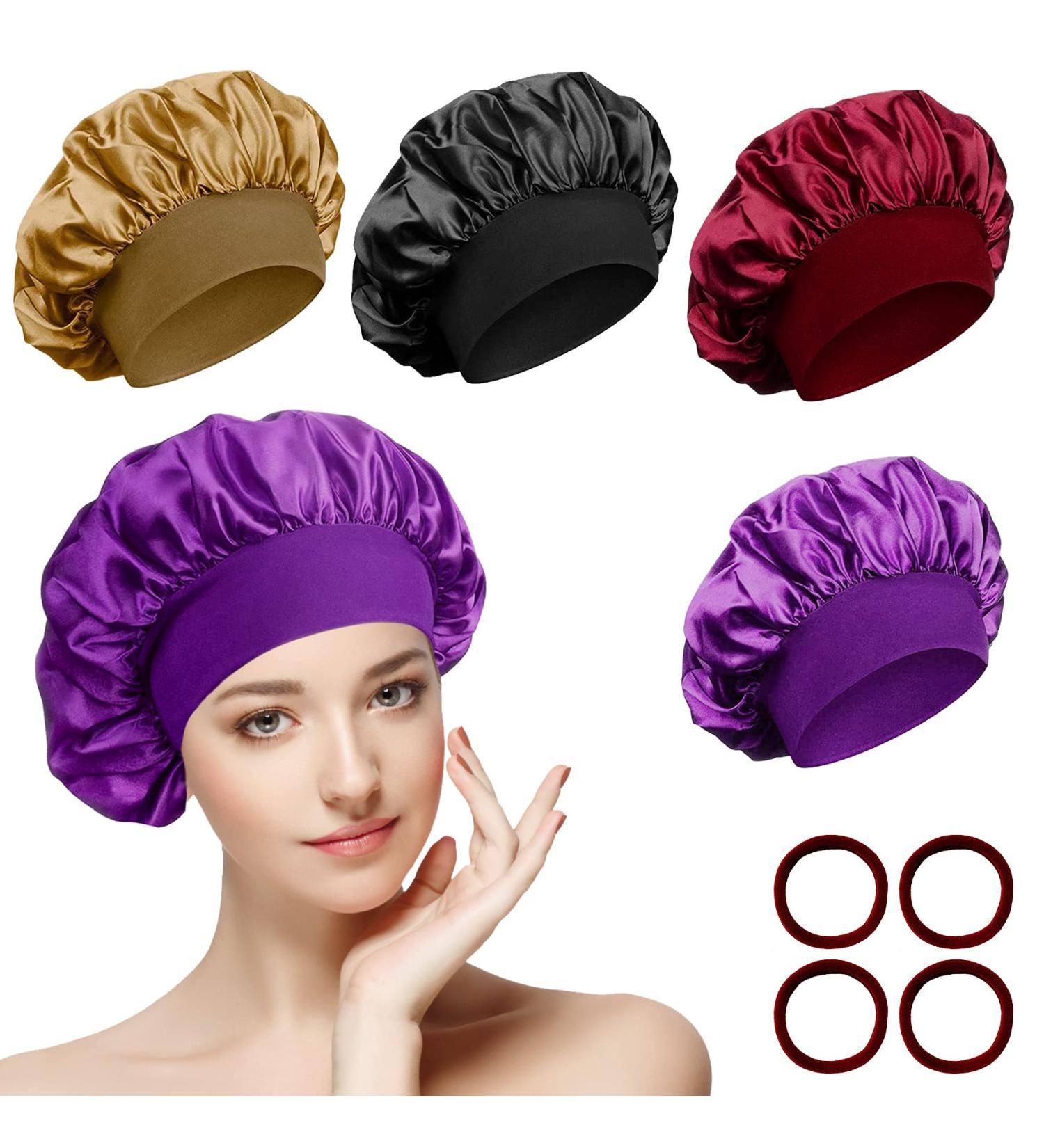 4-Piece Satin Hair Hood Set - Night Sleeping Caps with Hair Ties | Reusable Bonnet for Women & Girls - Black Red Violet Gold - Buy Online on GoSupps.com