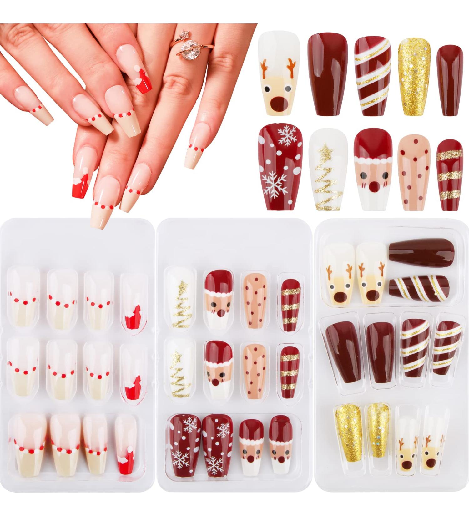 72pcs Christmas Short Coffin Press on Nails | Snowflake Elk Santa Design | Full Cover Stick on Nails for Women - Red Gold Pink - Buy Online on GoSupps.com