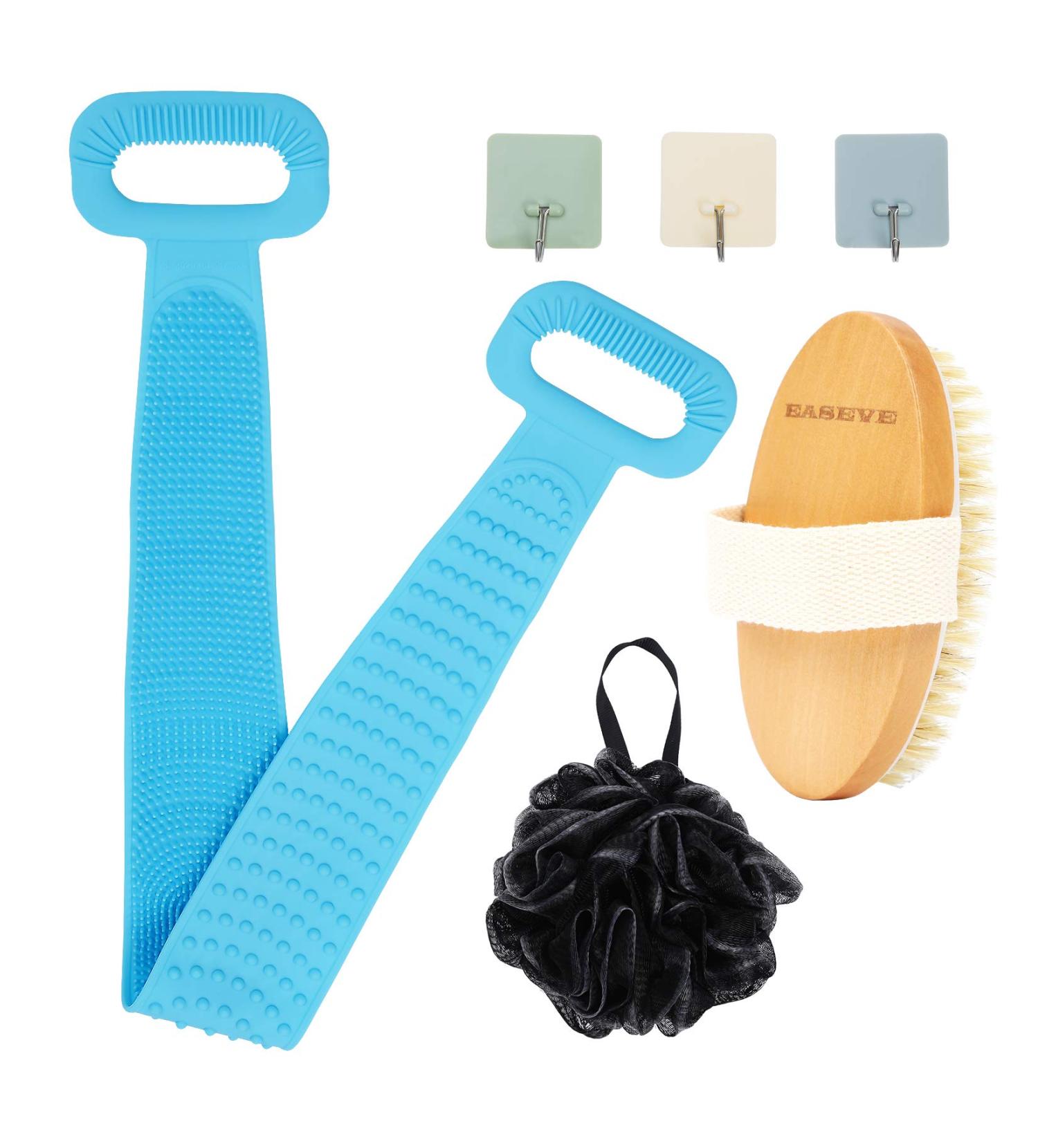Silicone Back Scrubber & Bath Loofah Set - 35.5 Long Exfoliating Body Brush with Natural Bristles | Shower Loofah Ball & Mesh Pouf | 3 Hooks Included - Buy Online on GoSupps.com