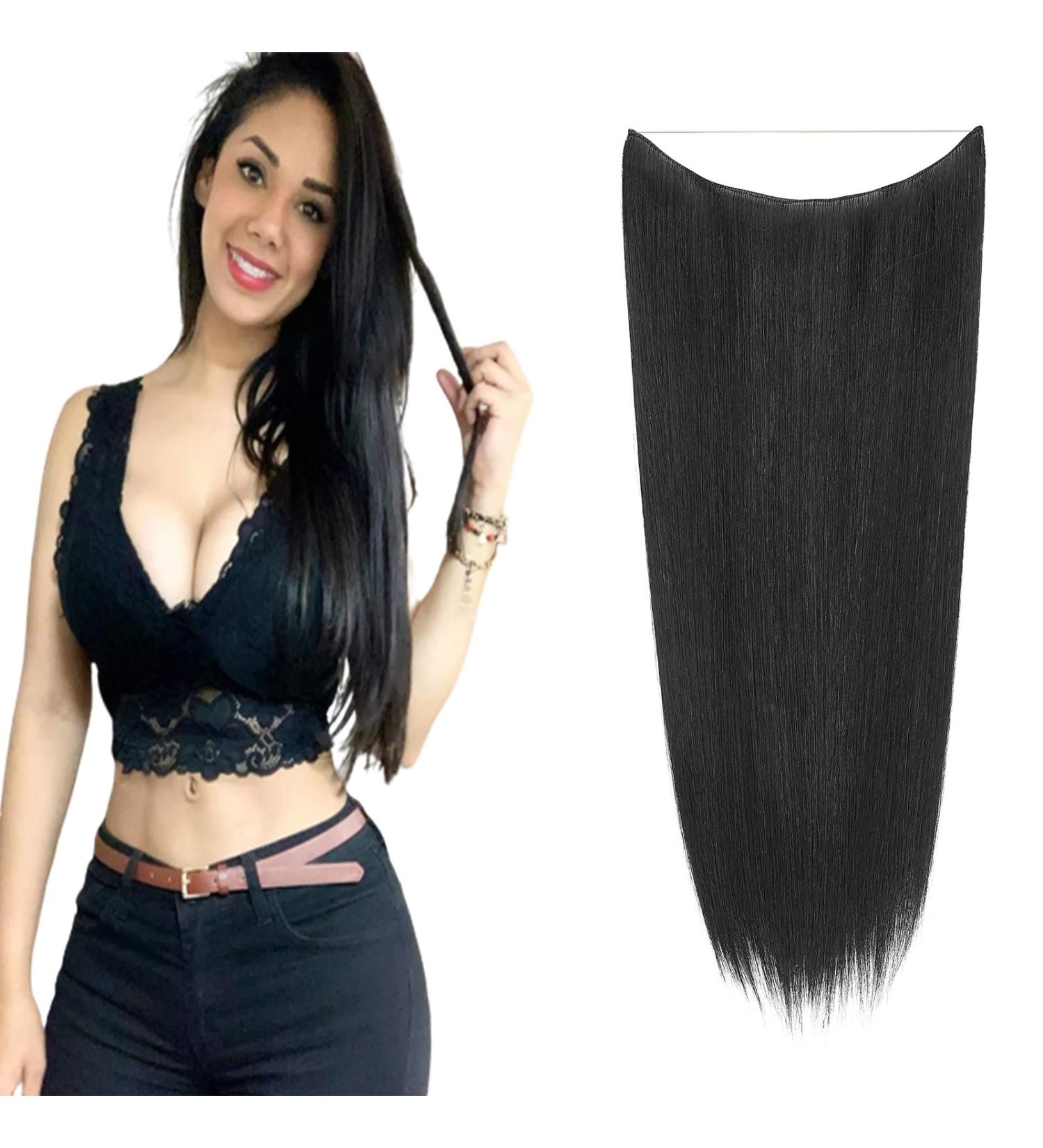 Cybelleza 20inch Long Straight Hair Extension Invisible Secret Wire Crown Hair Extensions Clip in One Piece Natural Synthetic Hairpiece for Women (Black) 20" - Straight Black - Buy Online on GoSupps.com